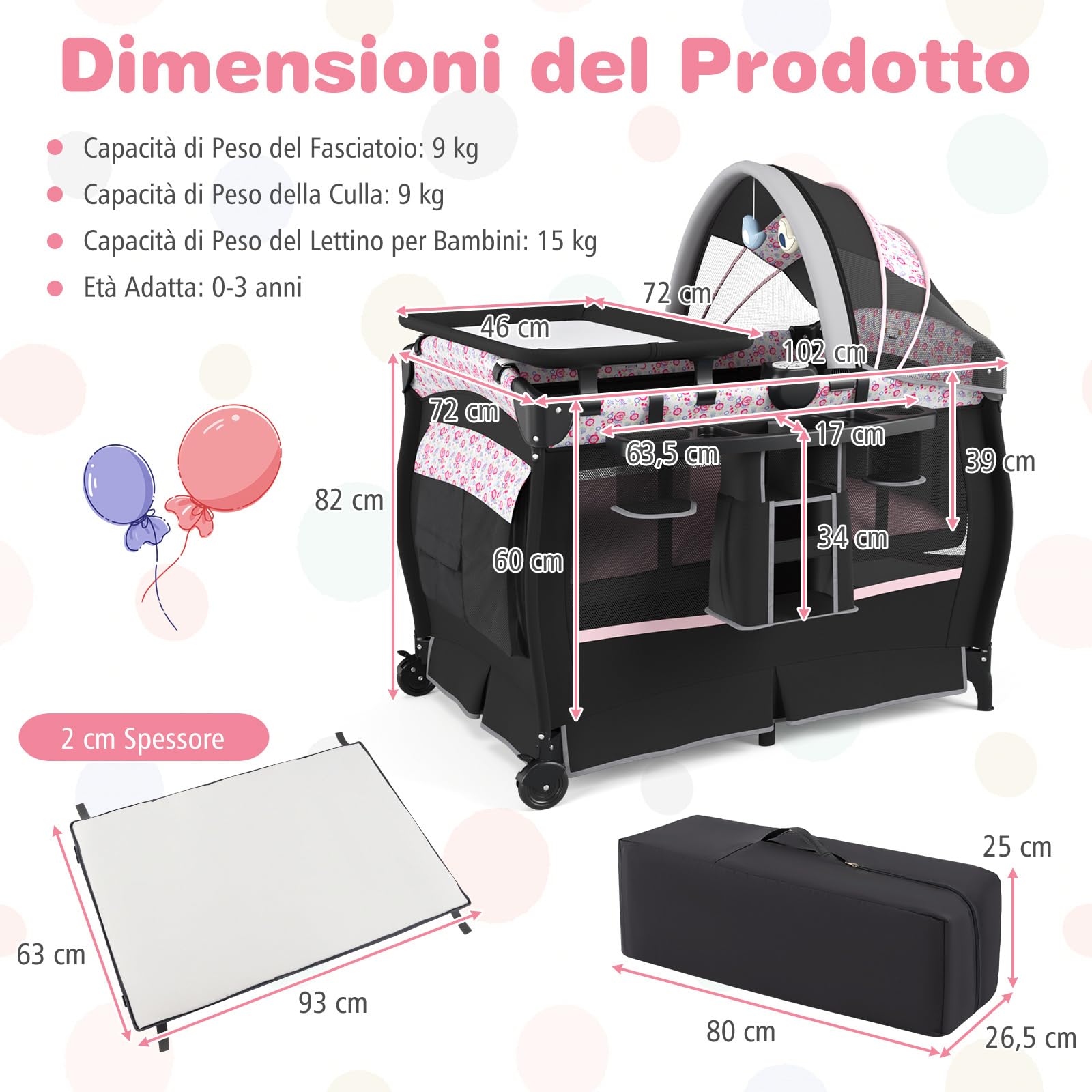 COSTWAY 4 in 1 Lettino Neonato con Materasso, Culla da Campeggio con Fasciatoio Cappottina Regolabile, Ruote Bloccabili, Box Piechevole per Bambini 0-36 Mesi (Fiore Grande)