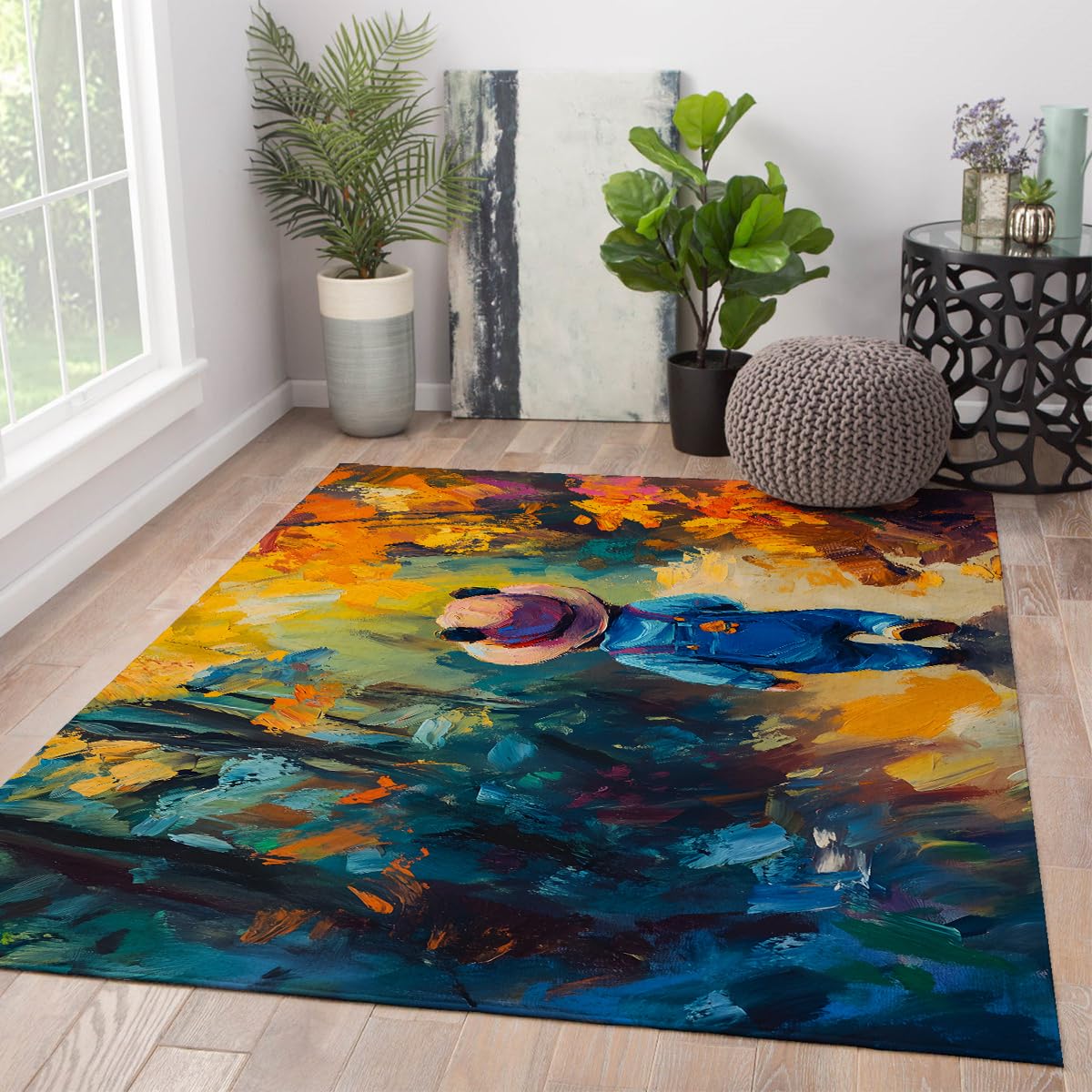 Tapis d'espace salon lavable résistant aux taches style peinture à l'huile pour salle à manger