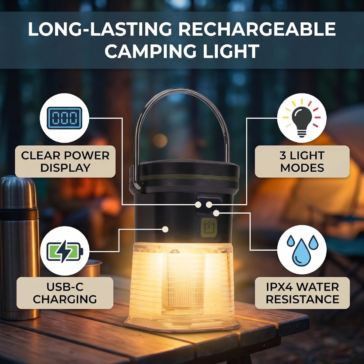 Fafeicy LED Camping Light, Rechargeable LED Camping Lantern with White Yellow Red Modes, 1500mAh Battery Display, Type C USB, ABS Hook, IPX4, Tent Hiking and Outdoor Use image 2