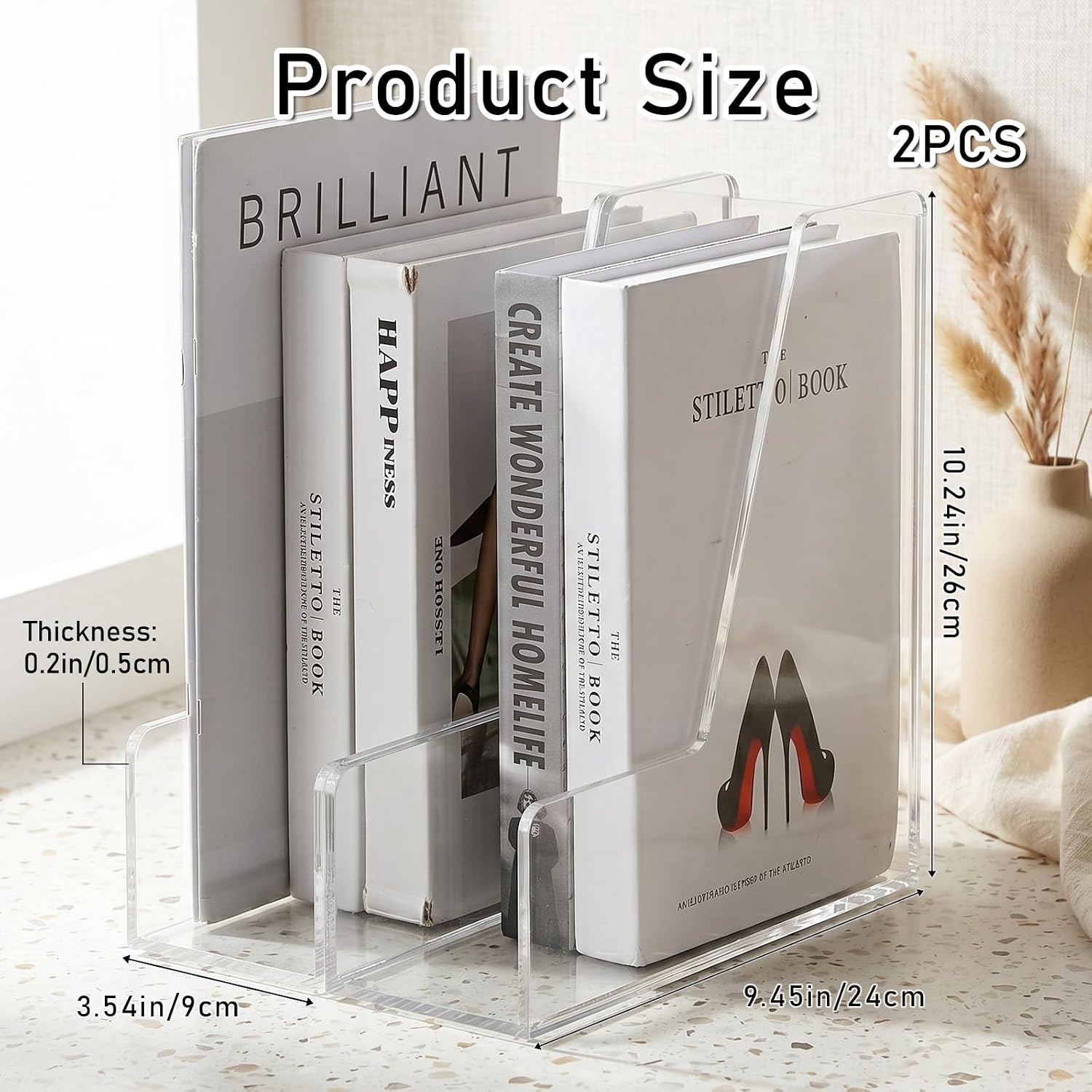 2 Pcs Vertical Magazine File Holder, Clear Acrylic File Organizer 5mm Thickened Desk Organizers for Magazines, Books, Binders, Notebooks (9.45x3.54x10.24 Inch)