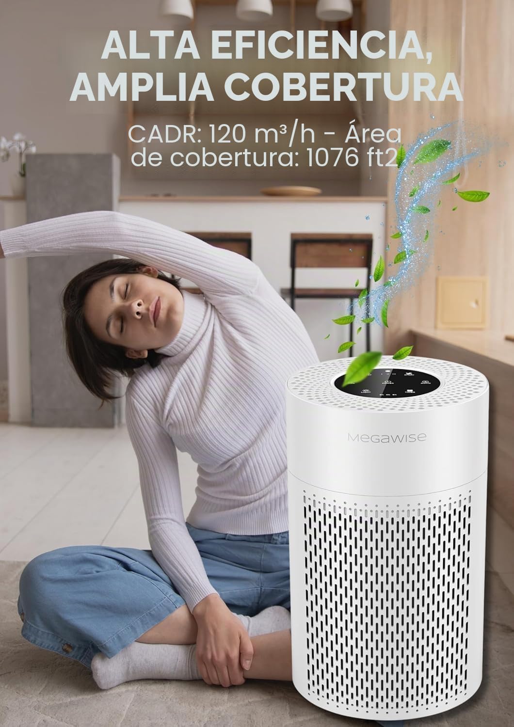 Purificador de aire inteligente MEGAWISE versión actualizada 2025 para habitaciones grandes de hasta 1080 pies cuadrados, filtro HEPA H13 con sensor de calidad del aire inteligente, modo de suspensión