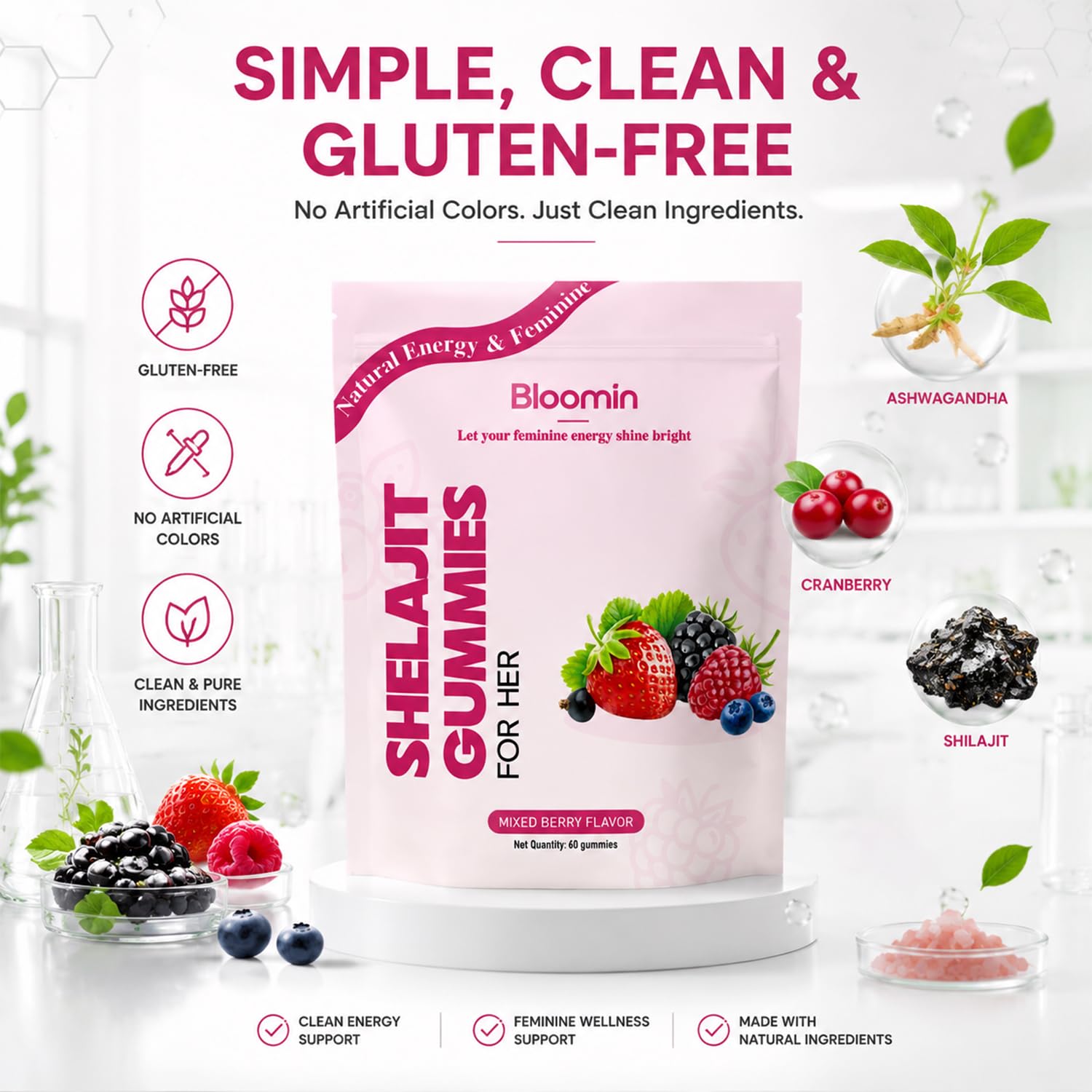 Bloomin Shilajit Gummies for Women, Daily Feminine Energy & Mood Support, Mixed Berries Flavor for Vitality with Shilajit, Vegan, 60 Gummies