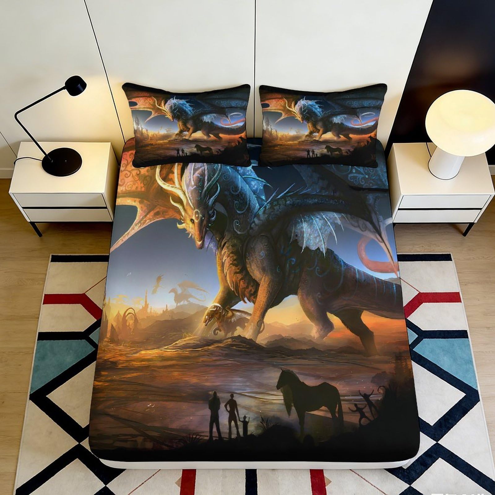 Jqzkxnhpbr Style-5 3D Printed Fantasy Dragon Fitted Sheet Microfiber Soft Breathable Sunset Mountain Mattress Cover Bedroom Decor 90X200x25cm