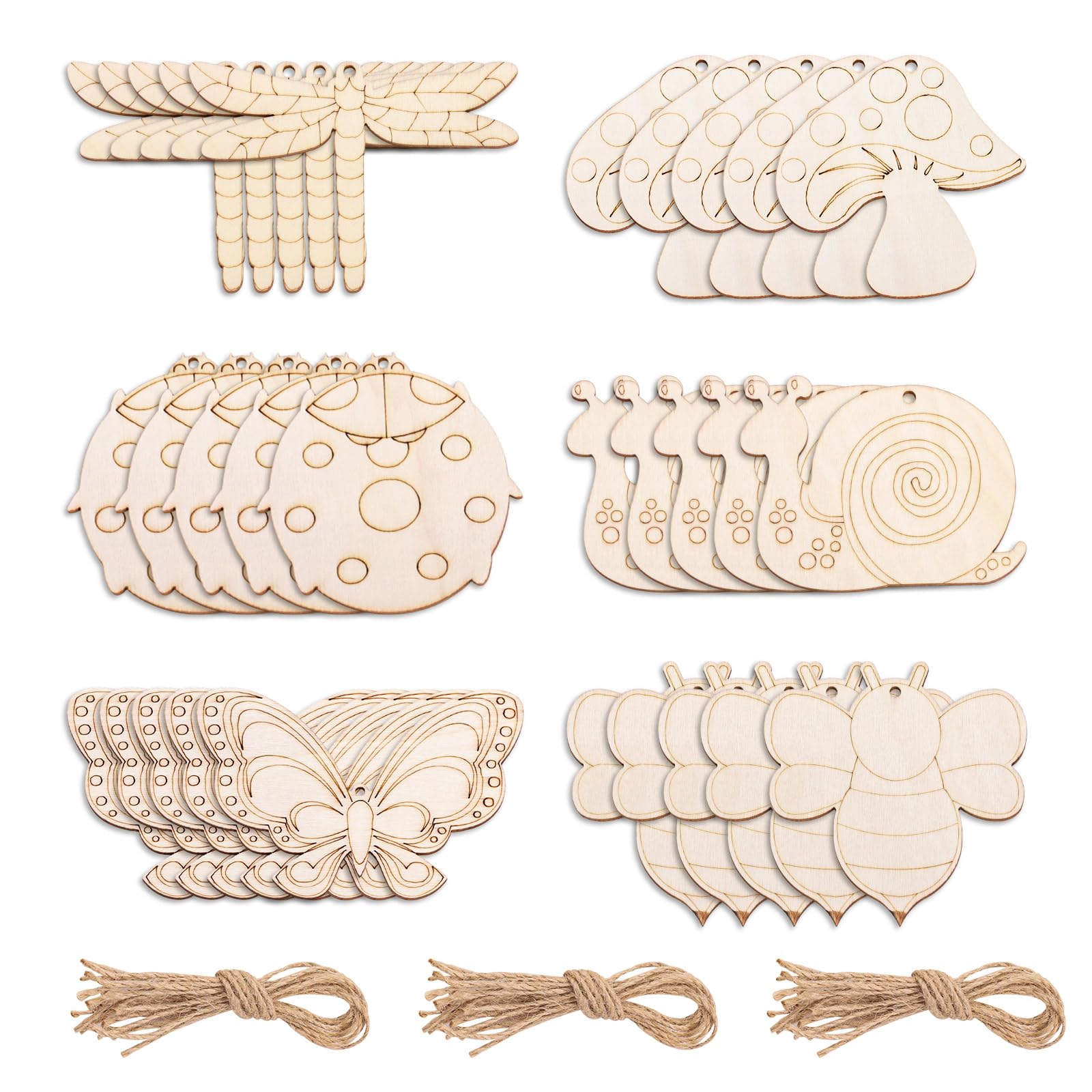 LELE LIFE 30 Pack Unfinished Wood Crafts to Paint, 6 Styles Wooden Ornaments Hanging Wood Cutouts, Bee Dragonfly Butterfly Ladybug Snail Mushroom Shape DIY Crafting, Insect