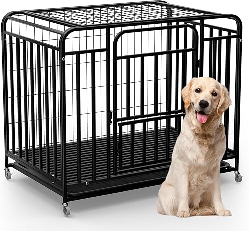 42 Inch Easy Clean Dog Crate, Escape-Proof Indoor Kennel with Removable Divider, Lockable Wheels & Double Door Entry