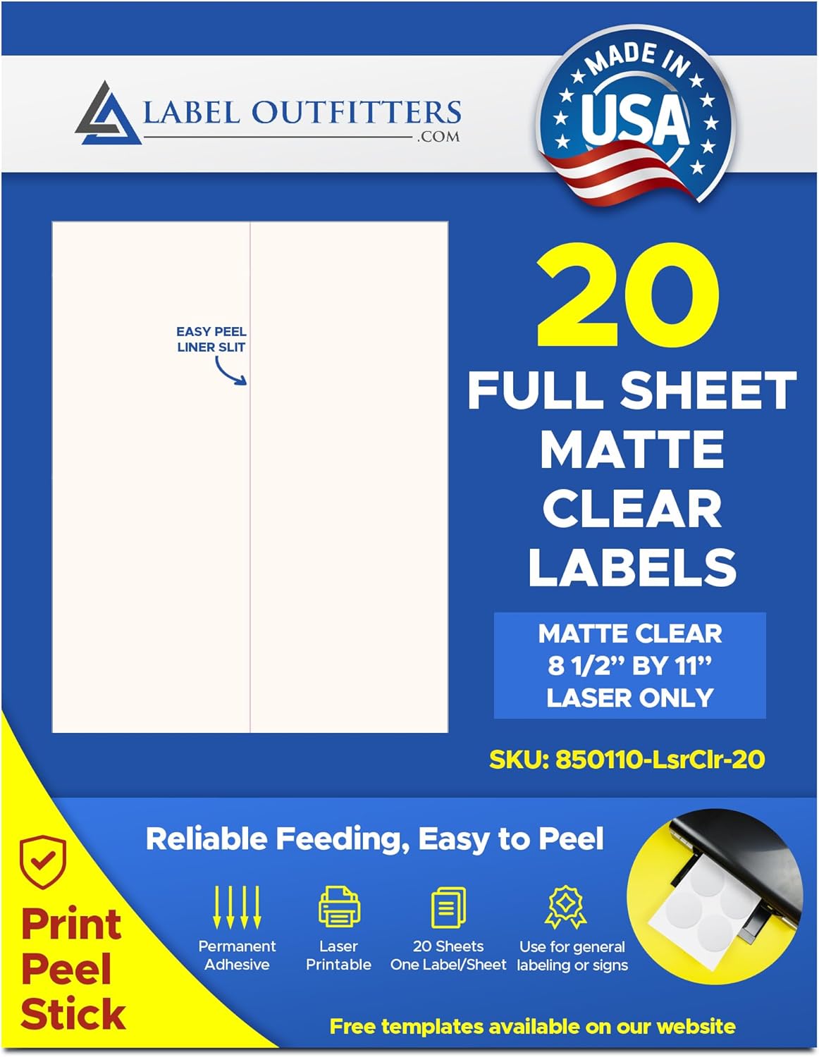 20 Label Outfitters® Laser ONLY Clear, Matte Full Sheet Labels, 20 Full Page, 8-1/2 x 11