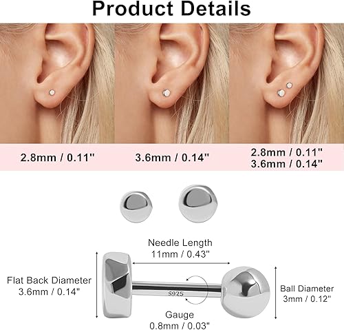 Miniatura 2 de Aretes con Cierre de Tornillo de Bola de Plata de Ley 925 Tachuelas con Cierre de Bola de Seguridad para Dormir Aretes de Tachuela para Hombres