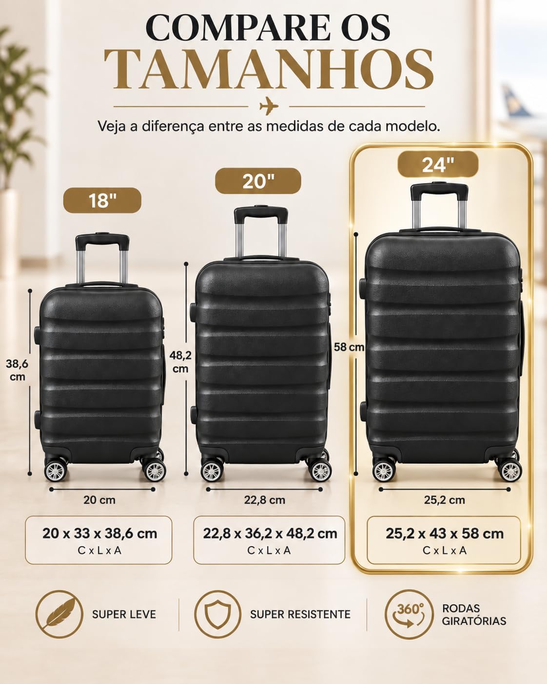 Mala de Viagem 24" 25x58 cm Grande para Despacho até 23kg, Rígida e Espaçosa, Rodas Duplas 360° Removíveis, Cadeado com Senha, Preta Mala de Viagem 24" 25x58 cm Grande para Despacho até 23kg, Rígida e Espaçosa, Rodas Duplas 360° Removíveis, Cadeado com Senha, Preta