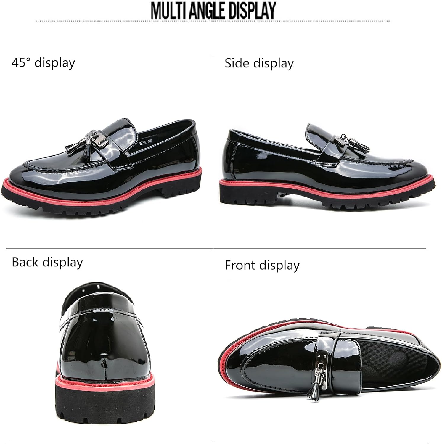 Men's Patent Leather Chain Decor Loafers Lug Sole Non-Slip Platform Tassel Dress Shoes Comfort Pointed Toe Slip-on Block Heel Oxfords for Business Driving Office Walking