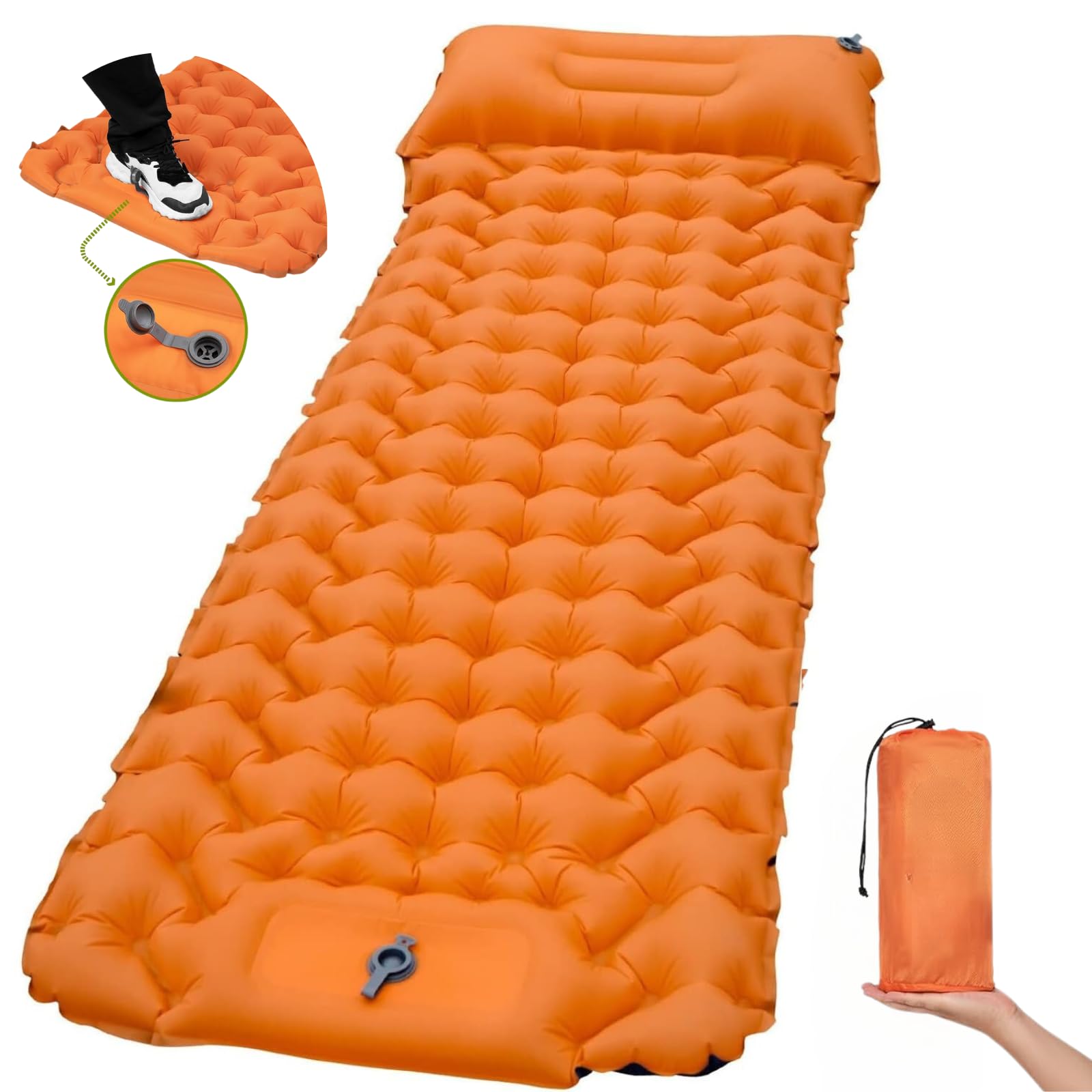Camping Sleeping Bed Mat Pad - Extra Thick Nylon Inflatable Mattress for Ultimate Comfort, Built-in Pump, Waterproof & Compact for Backpacking, Hiking, Travel, Picnic (Orange, 960G)