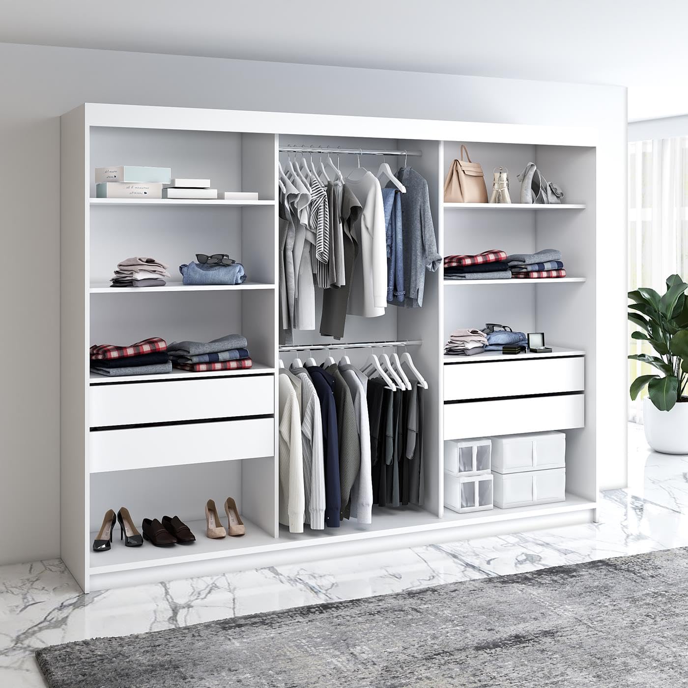 A&J MöbelLand Schwebetürenschrank VILUNO 2 Kleiderschrank 3-türig 200 cm mit Spiegel, 4 Schubladen & 2 Kleiderstangen, Geräumiger Schlafzimmerschrank (Weiß)