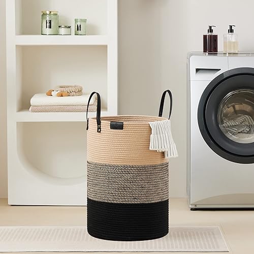 Miniatura 7 de VIPOSCO Cesta alta para ropa sucia, cesta grande para ropa sucia con mango de cuero, cesta de almacenamiento de cuerda tejida para manta, juguete en