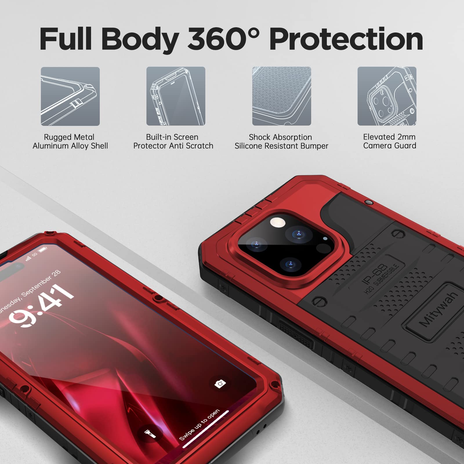 Mitywah Funda Impermeable para iPhone 14 Pro MAX, Funda Resistente a los Golpes con Protector de Pantalla Integrado, Carcasa de Metal de protección subacuática de Cuerpo Completo de 17 cm, Color Rojo