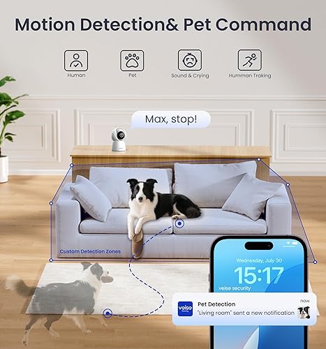 Miniatura 3 de Veise Cámara de seguridad 2K para interiores de 2.4 GHz, cámaras panorámicasinclinables de 360 para seguridad del hogar, monitor de mascotas y