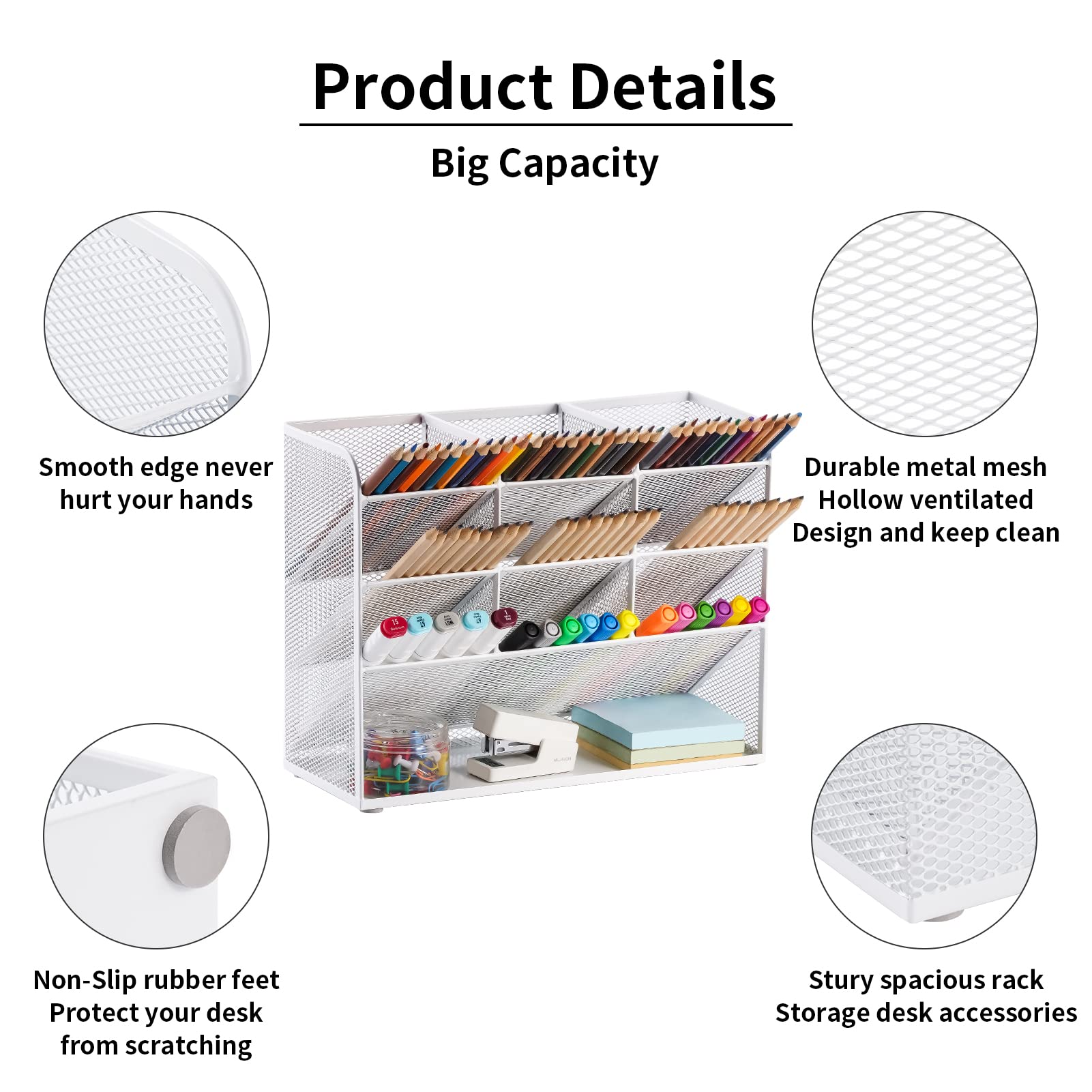 Marbrasse Mesh Desk Organiser,Multi-Functional Pen Holder,Pen Organiser for Desk,Desktop Stationary Storage Rack for School Home Office Art Supplies(White) - Image 2