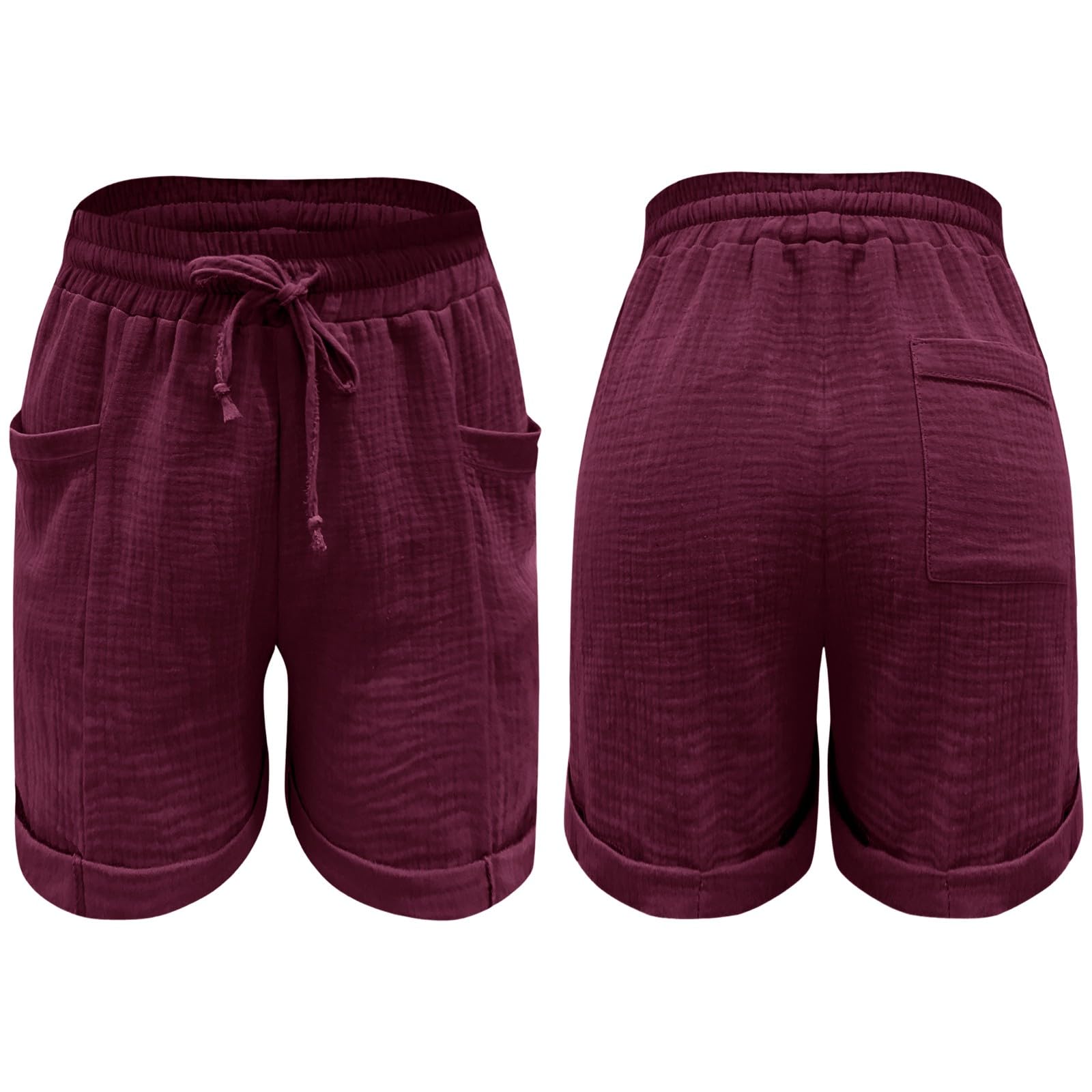 Generisch Short blanc tendance et décontracté pour femme en coton et lin de couleur unie avec taille élastique