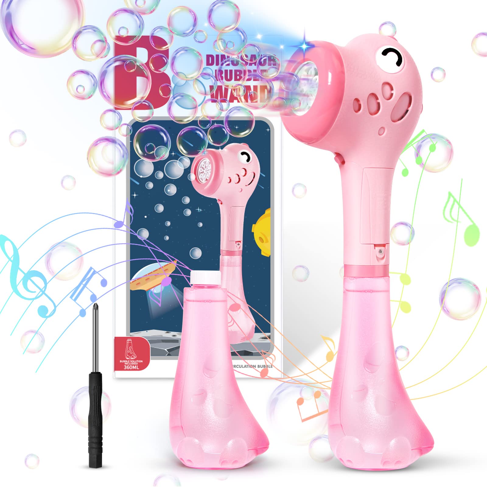 Panamalar Dinosaurio Máquina Varitas de Burbujas, Automática Máquina de Burbujas para Niños con Música/Luz/360ml Grande Solución, 10000+ Burbujas/Min Burbuja de Juguete para Fiesta Boda Al aire librer