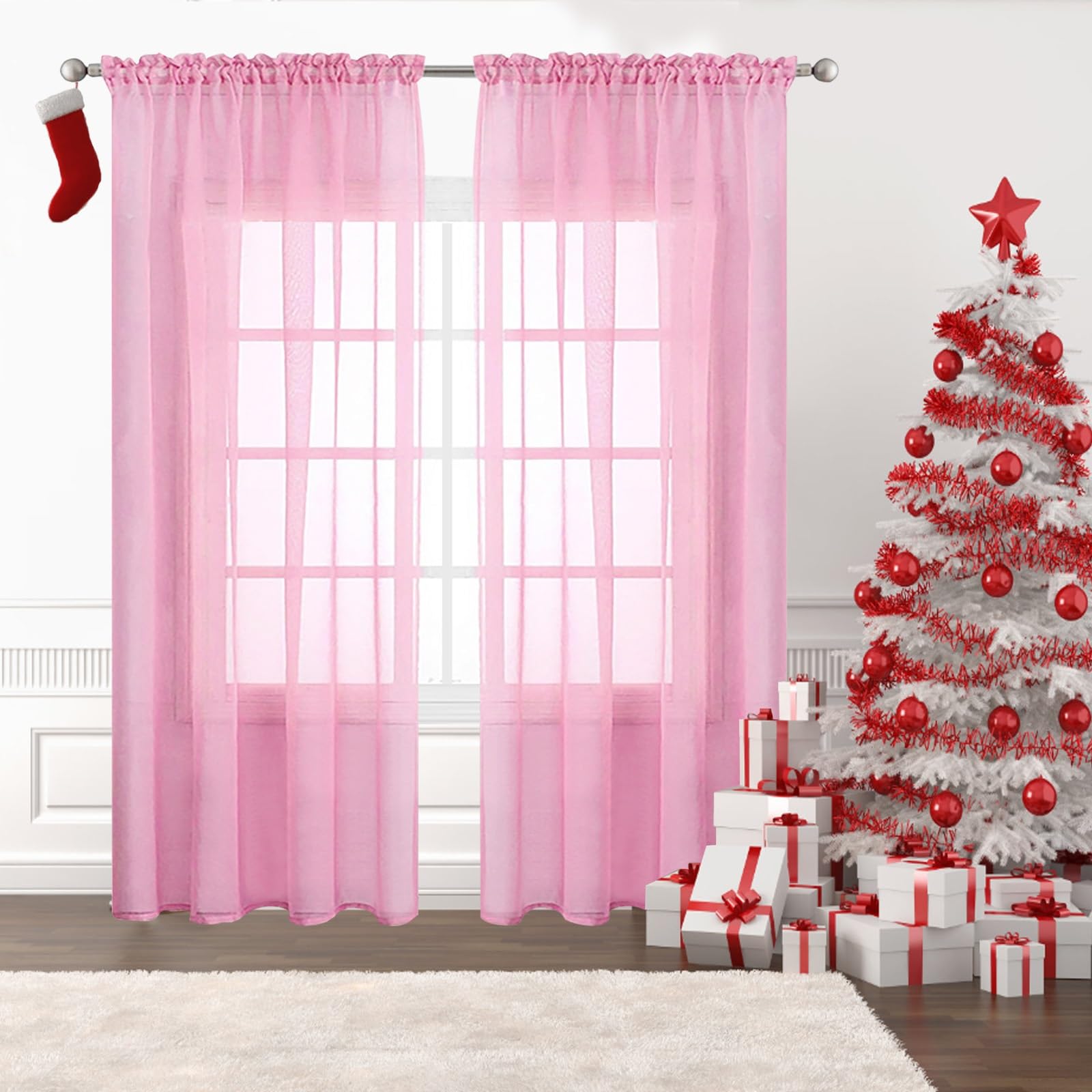 GAIFNAG Voile Curtain with Eyelet 140 x 130 cm Pencil Pleat Black Out/Light Weight Linen Look Solid Full Blackout Curtains for Bedroom and Living Room, Pink