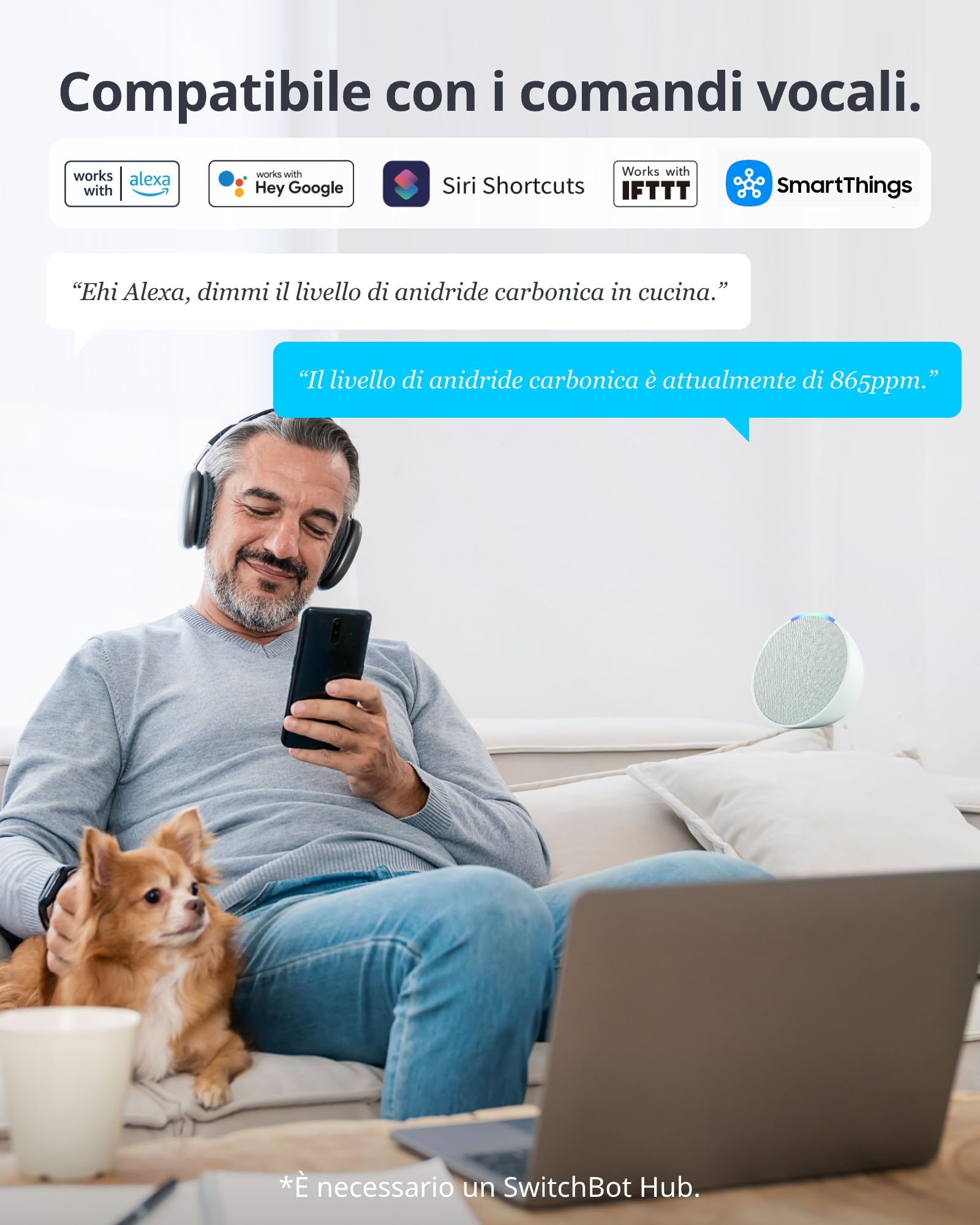 SwitchBot rilevatore di CO2, termometro ambiente interno con sensore CO2, ampio display, tester di qualità dell'aria Bluetooth, igrometro umidità casa