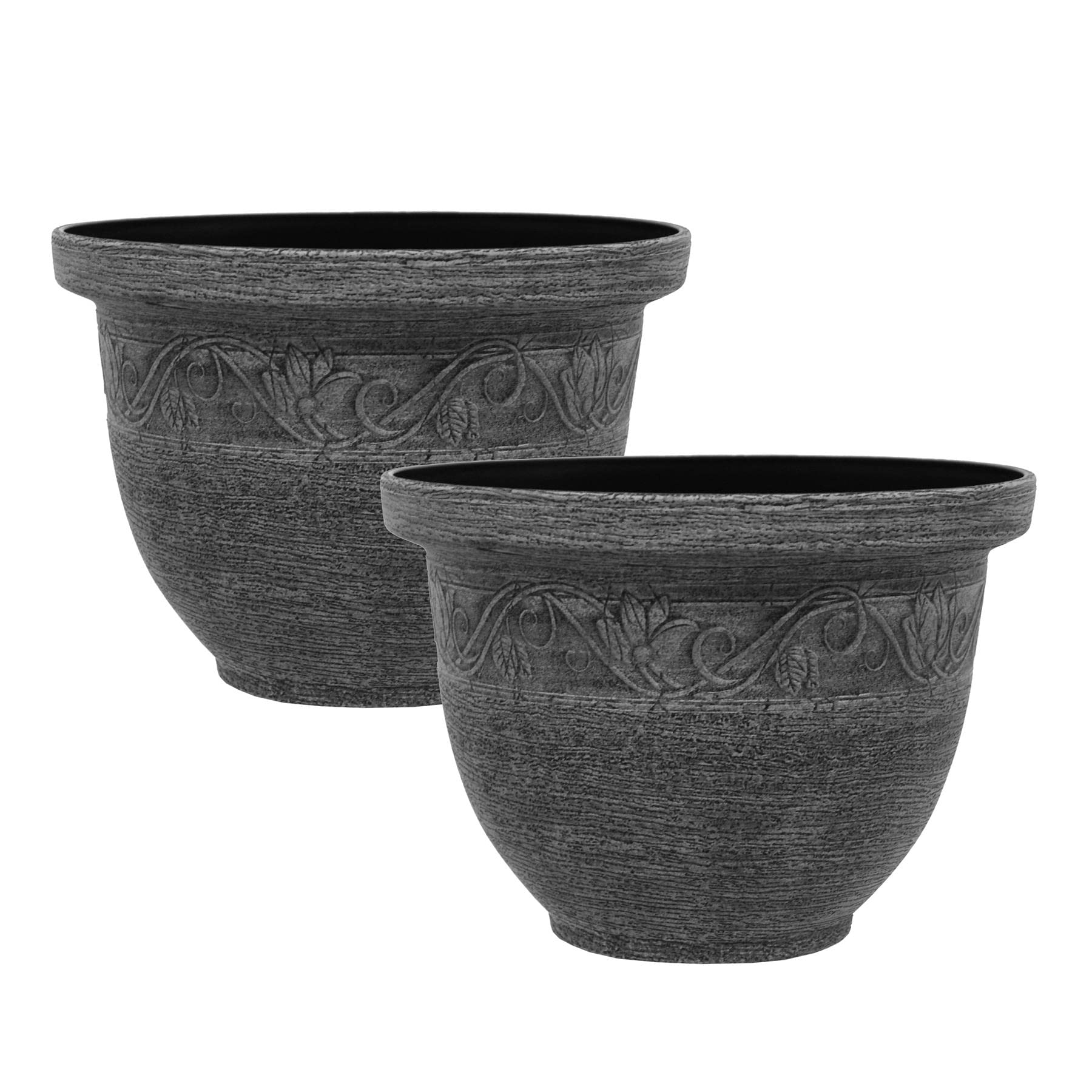 simpa Kingscliffe Rustic Effect Plastic Planter Pots - GREY, Set of 2 Pots - 23cm (H) x 30cm Diameter.