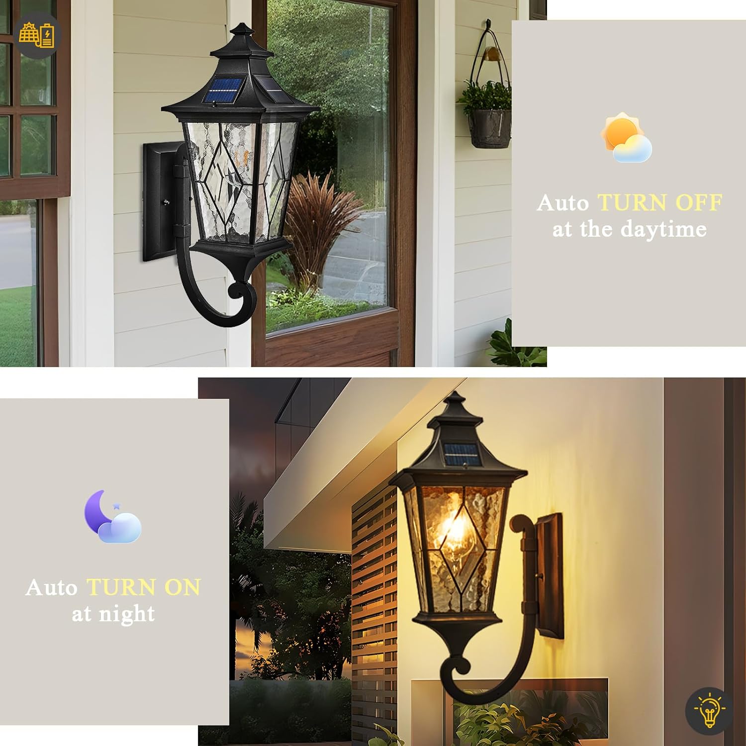 Solar Exterior Front Porch Light with Water Ripple Handmade Solder Glass Dusk to Dawn Solar Sconce Lights Outdoor 20.9 Inch Height Large Size Waterproof Include Remote Control and LED Bulb