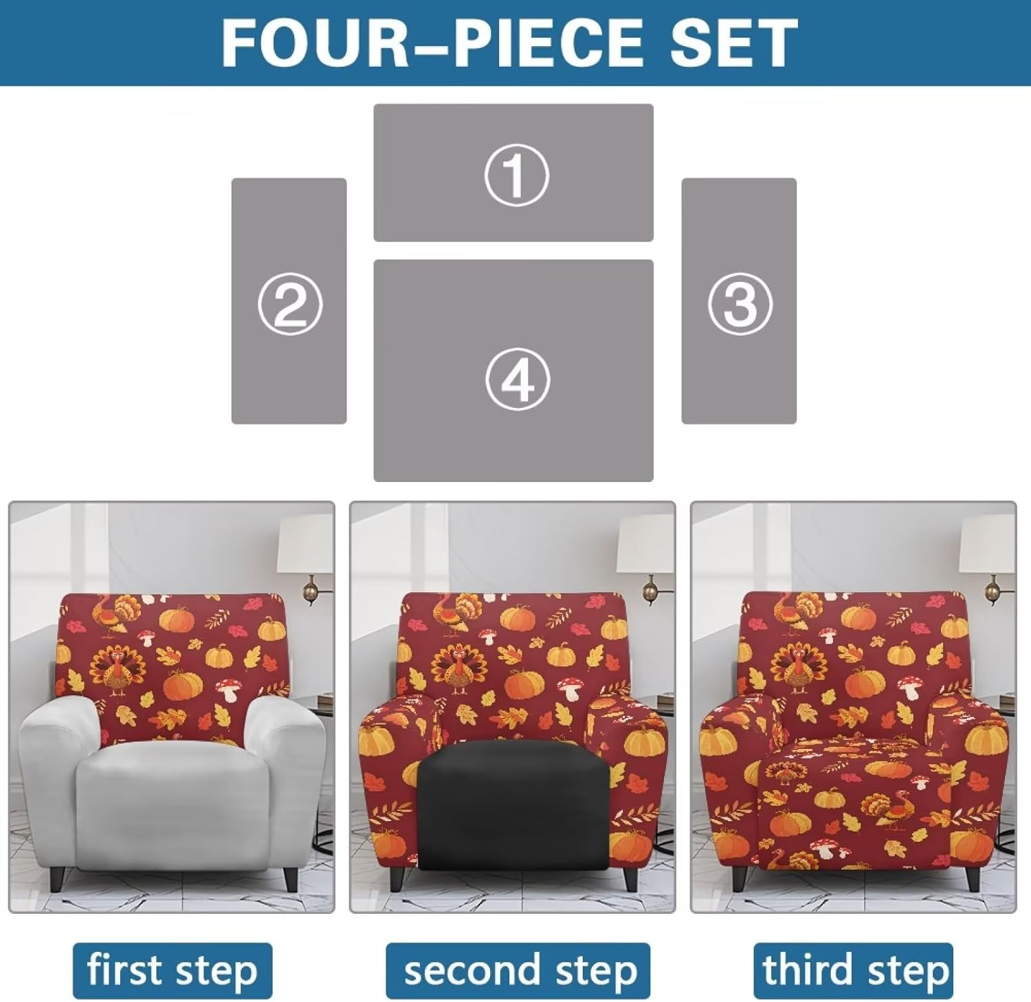 FOR U DESIGNS Turkey Pumpkin Mushroom Leaf Recliner Furniture Covers 4-Piece Stretch Set Non Slip Reclining Sofa Protector with Convenient Pockets Easy Install Washable Cover for Daily Use