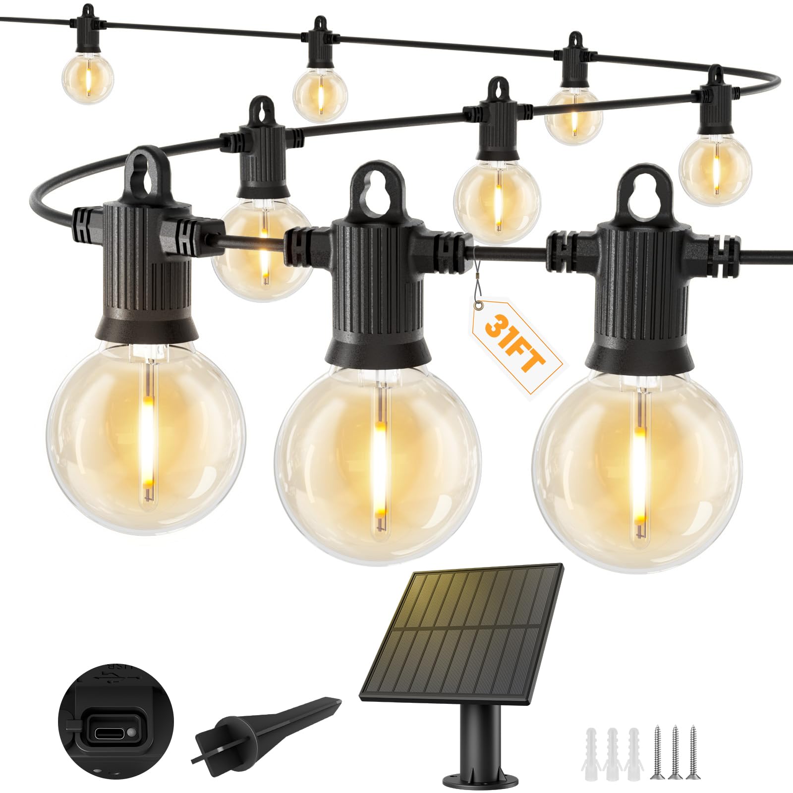 ZOTOYI Catena Luminosa Solare da Esterno 9m, 10+1 LED G40 Tenda Luminosa a Energia Solare con Pannello Regolabile e USB, per Illuminare Balcone e Giardino con 4 Modalità, IP65