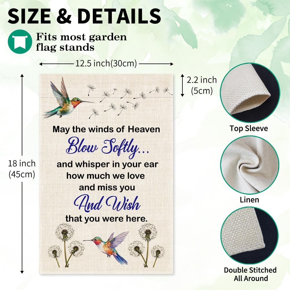 May The Winds Of Heaven Blow Solftly Garden Flag, Double Sided Farmhouse Outdoor Decor Yard Flag Gifts, Hummingbird Dandelion Memorial Garden Décor Gifts, Remembrance Sympathy House Flags - Image 2