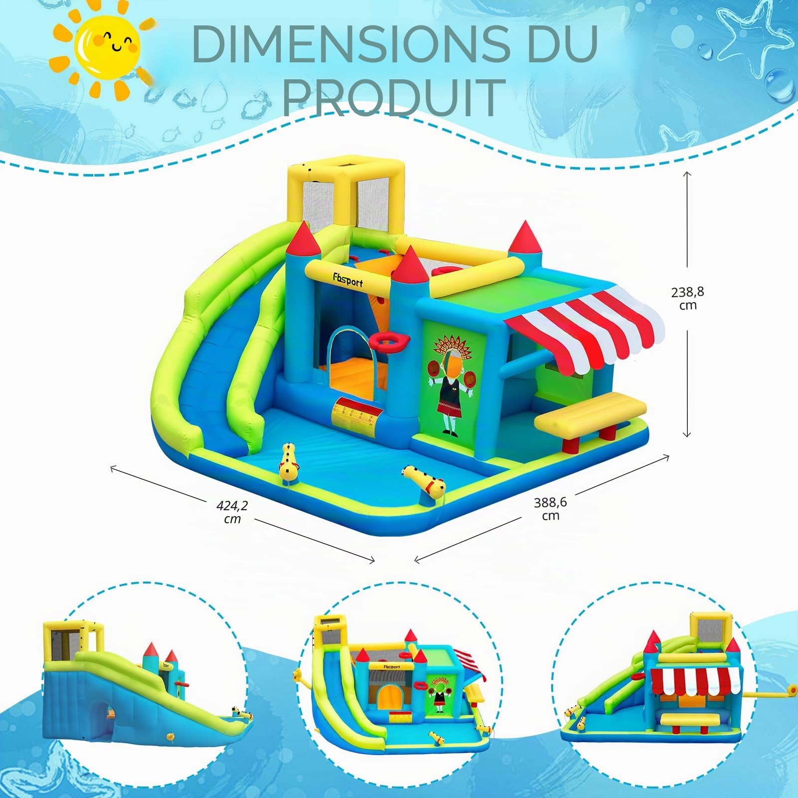FBSPORT château Gonflable Enfant avec souffleur Aire de Jeux Gonflable Adulte Grand château Gonflable Piscine Meilleur Cadeau de Vacances/d'anniversaire pour Les Enfants 424 ×388 ×238 CM
