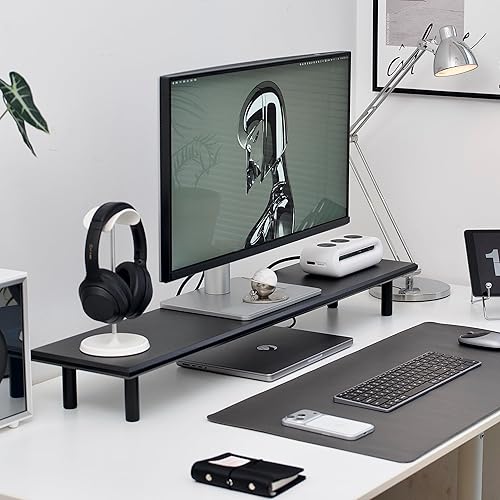 Bamboo Dual Monitor Stand Riser with Underneath Storage, Ergonomic Desk Shelf Supports PC Computer Monitor, Printer, TV for Home, Office, Black