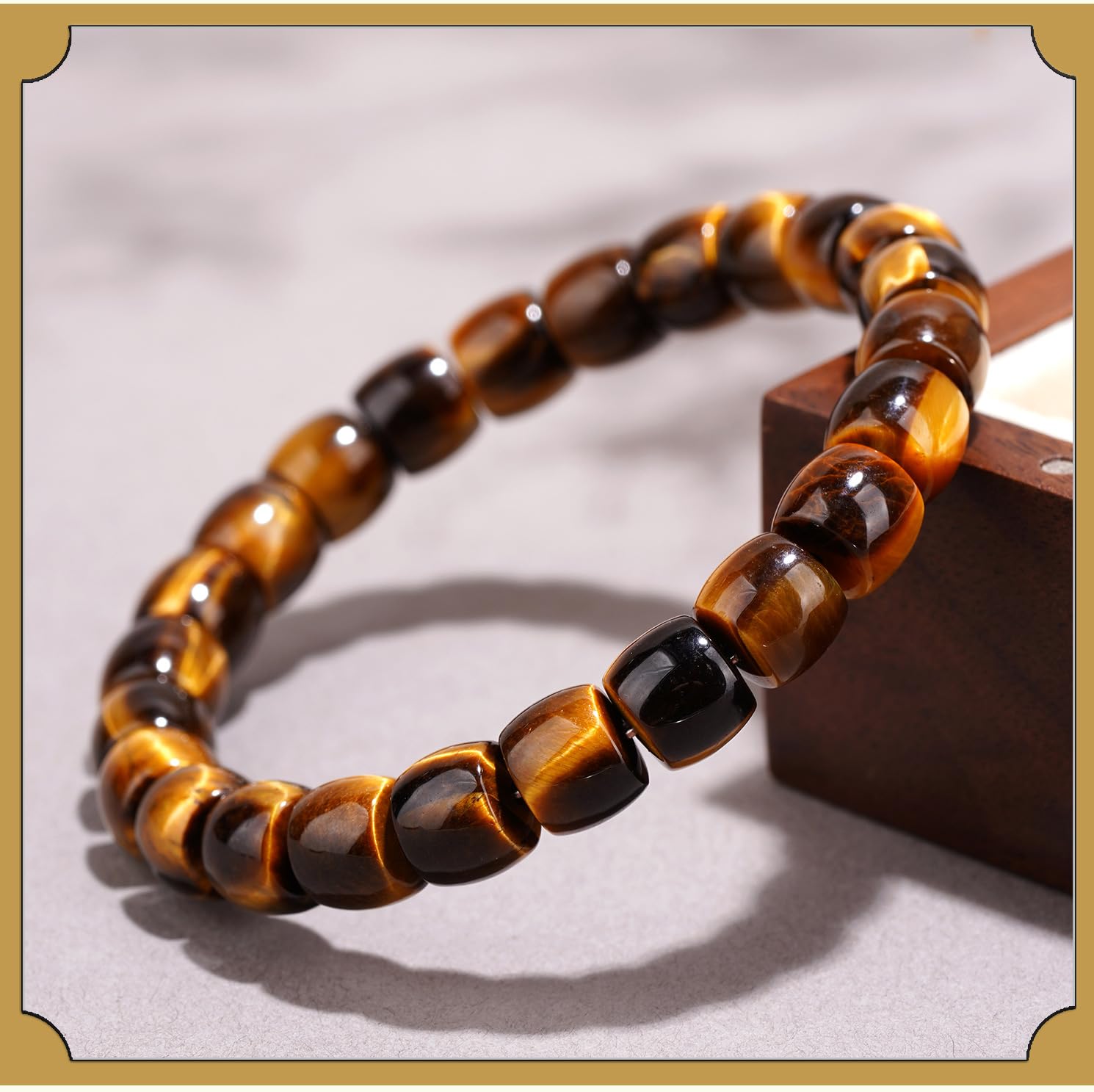 Pulsera elástica de Ojo de Tigre Dorado Natural | Cuentas de Barril biseladas de Chakras de una Sola hebra | Piedra de la Suerte y la Riqueza | Pulsera elástica Minimalista,7 * 4mm