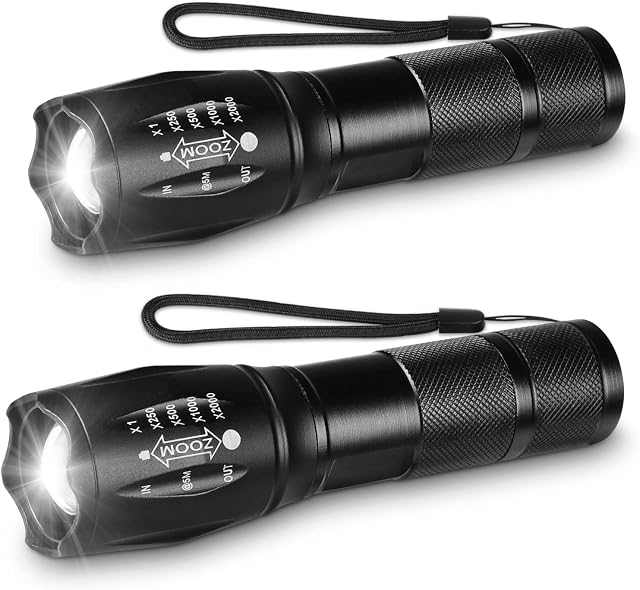 Unicozin LED Torch 2 Pack, 2000LM LED Flashlight Adjustable, 5 Modes Focus Zoomable, 3 x AAA Batteries Included, Waterproof Powerful Pocket Torch for Camping, Hiking, Walking, Outdoor, Emergency
