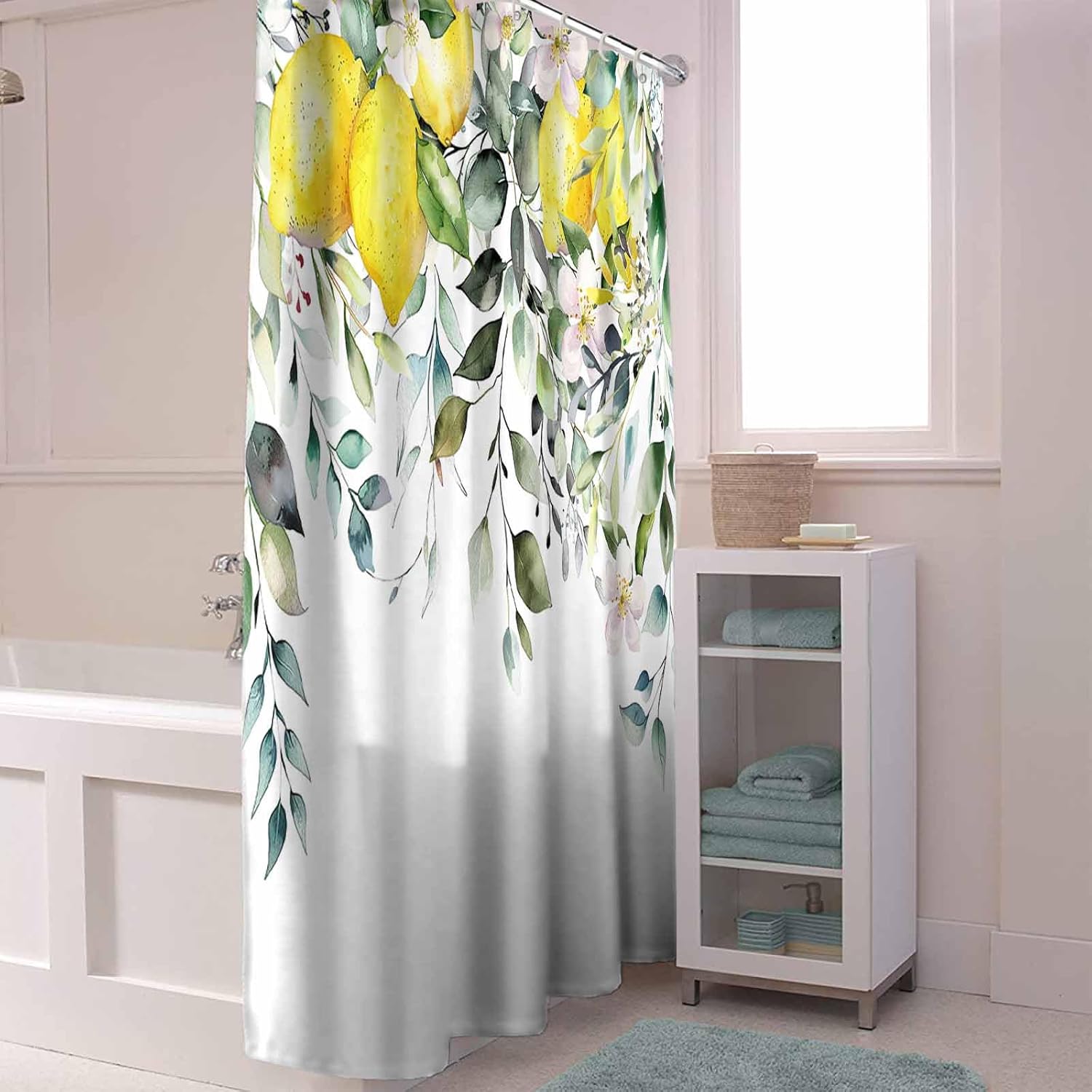 Summer Eucalyptus Leaves Lemon Shower Curtain, Watercolor Flower Plant Shower Curtain Set with Hooks, Waterproof Fabric Shower Curtains for Bathroom Decor, 72x84 Inch Bath Curtain
