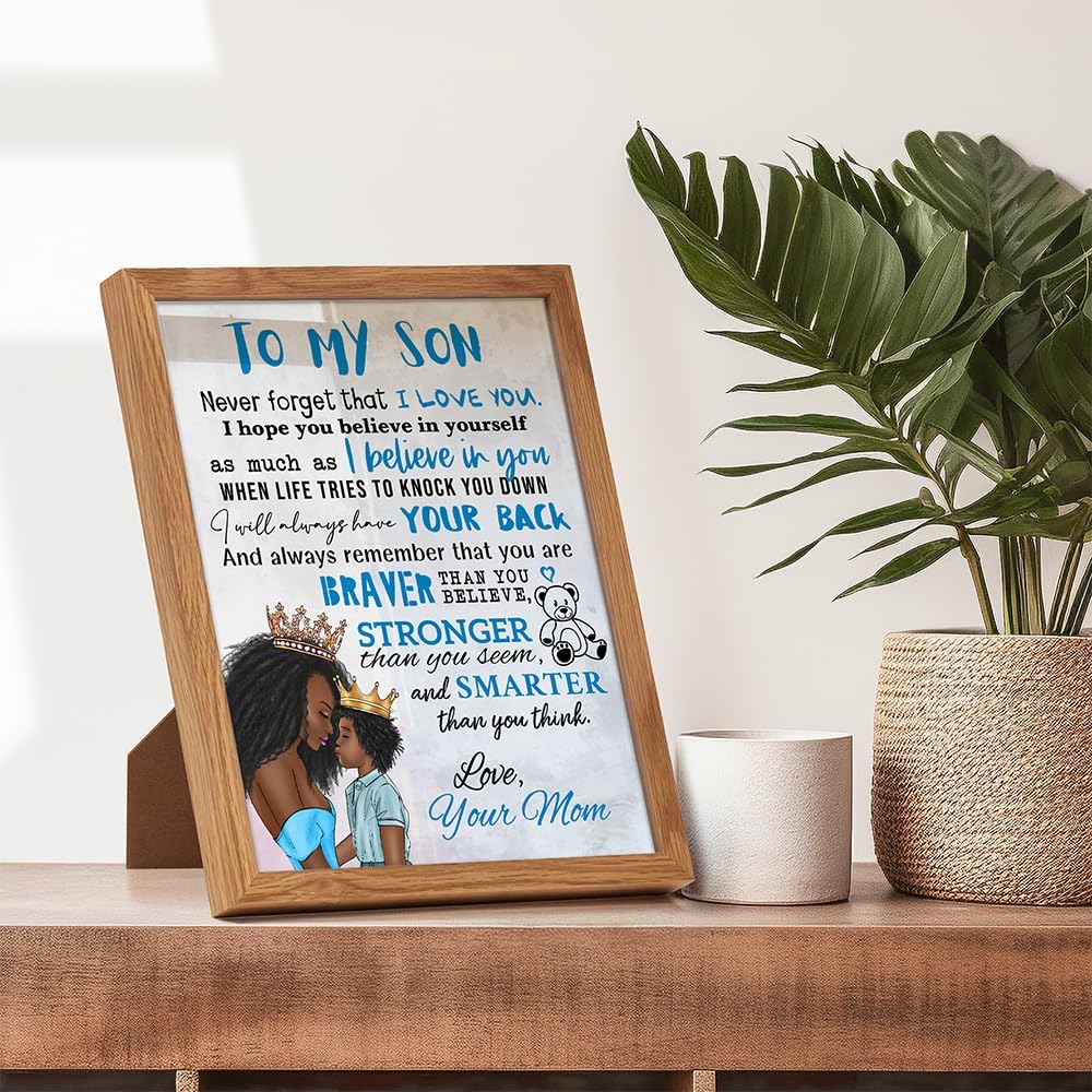 Boys Bedroom Decor FRAMED - Black Art - African American Art - To My Son Gifts from Mom - Little Boys Room Decor - Wall Art Print - Blue Baby Nursery Picture - Kids Room - Family Picture