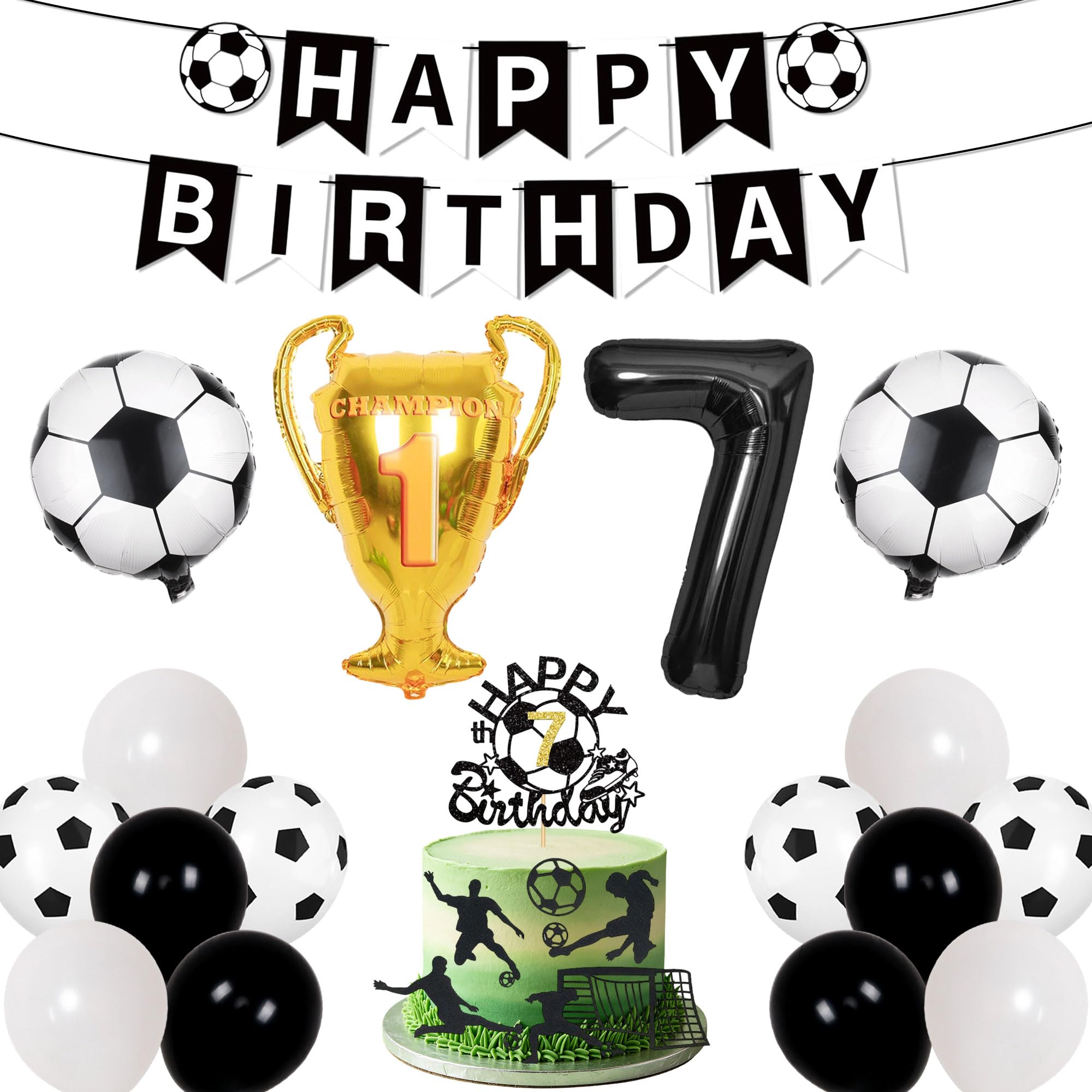 LaVenty Football Balloon 7th Birthday Black Balloon Football Cake Cupcake Decor Topper for Boy's 7th Birthday Party Decoration