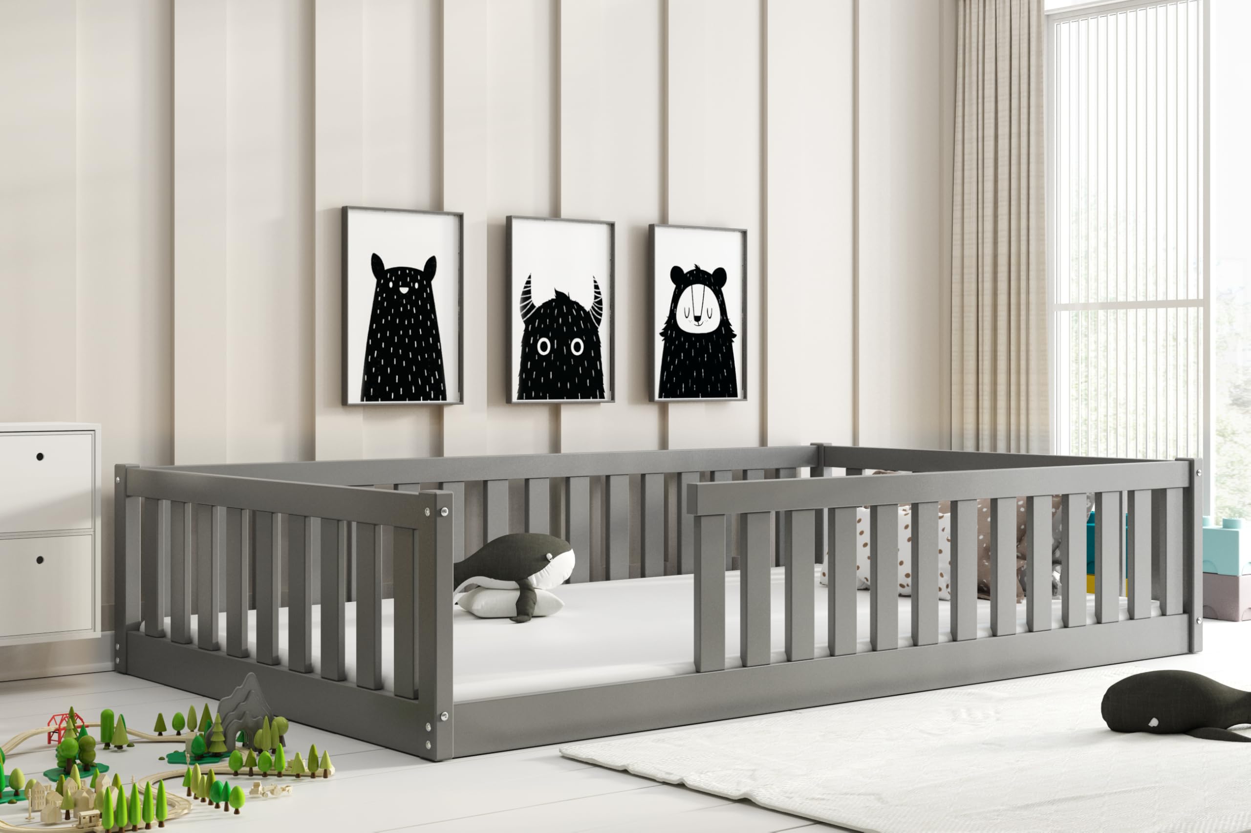 Interbeds Kinderbett Bella 120x200 mit Rausfallschutz & Lattenrost Bodenbett aus Holz Einzelbett Montessori Bed Gitterbett Kleinkindbett bis 120 kg Kiefer Holz massiv Junge Mädchen (grau, 120x200)