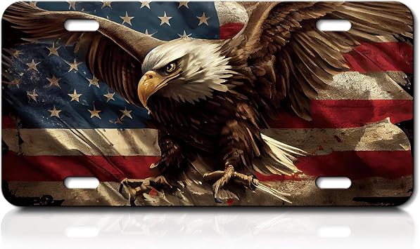 License Plate, Black Front Funny Cute Decoration Aluminum Metal License Plates Cover with 4 Holes, Novelty Vanity Tag Cover Car Decor Accessory American Flag Eagle