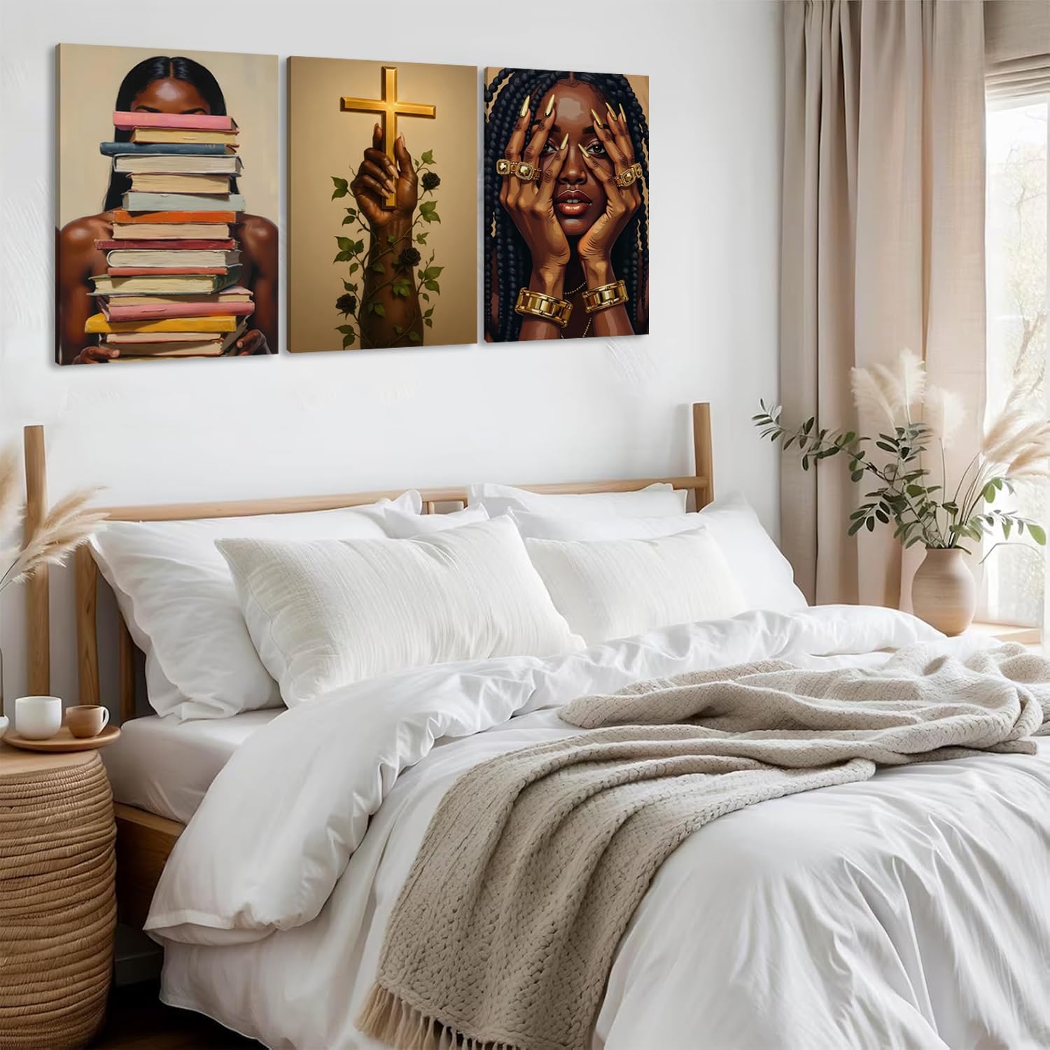 3 Pcs Black Women Canvas Wall Art African American Painting Poster Wall Decor Cross Books Pictures for Living Room and Girl's Bedroom Room Decoration 16*24 in(Stretched Canvas on A Wooden Frame)