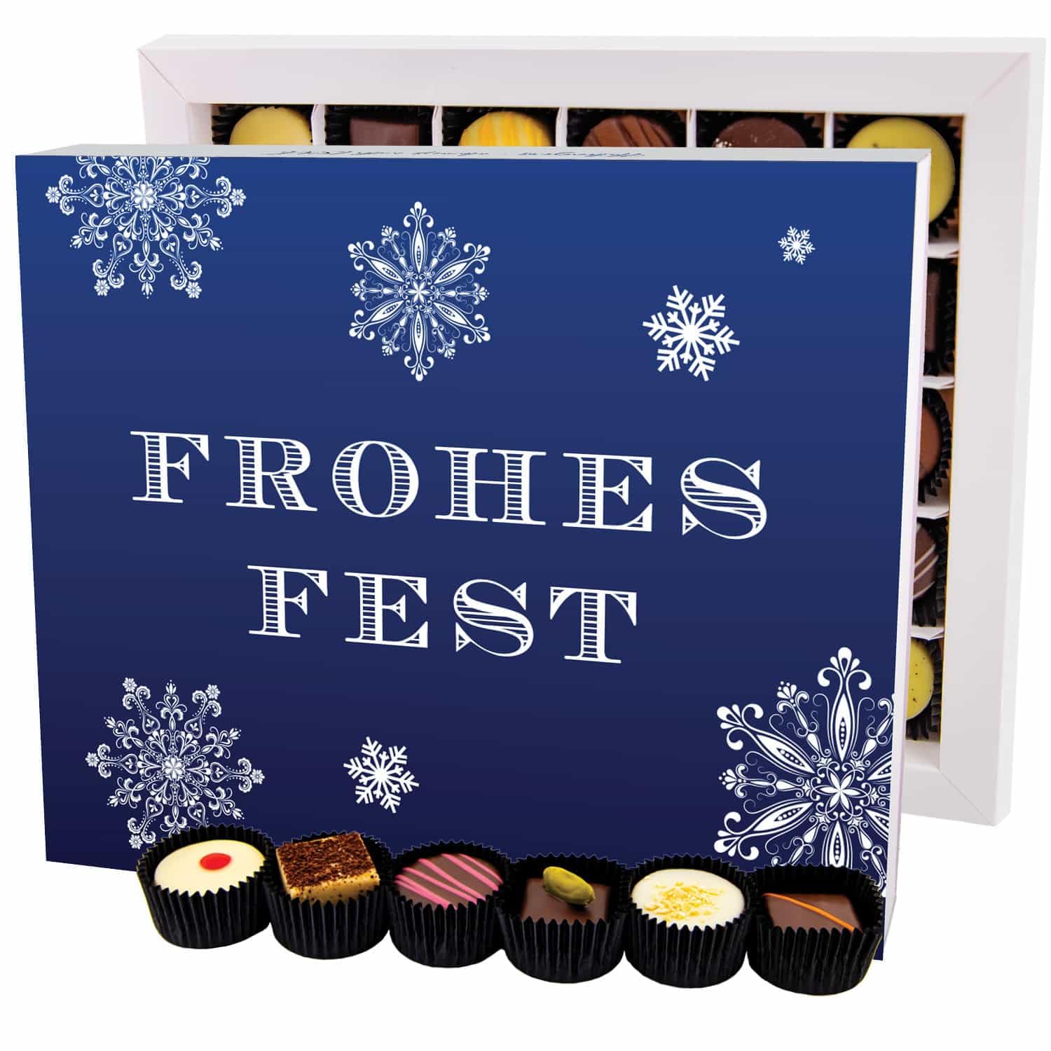 Hallingers Genuss Manufaktur Pralinen Weihnachts-Geschenk - ohne Alkohol, handmade aus Confiserie-Edelkakao in wertiger XXL-Geschenkbox ""Frohes Fest Blau"", Weihnachten für Frauen Männer