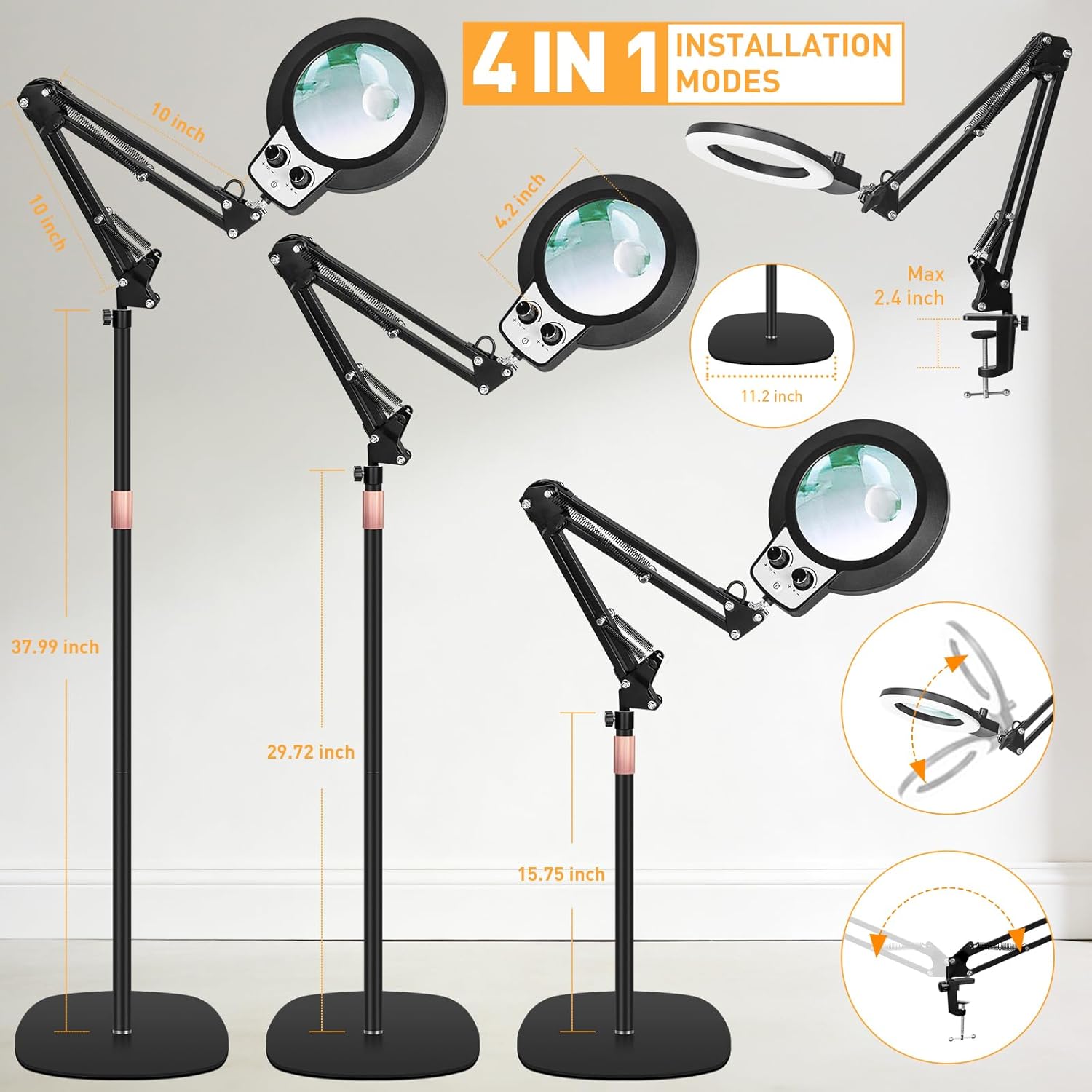 30X 12X Large Floor Magnifying Glass with Light and Stand, Floor Magnifying Lamp Adjustable Height ,Infinite Color Dimmable, 4-in-1 Lighted Magnifier lamp for Close Work,Reading,Painting, Hobby（Black）