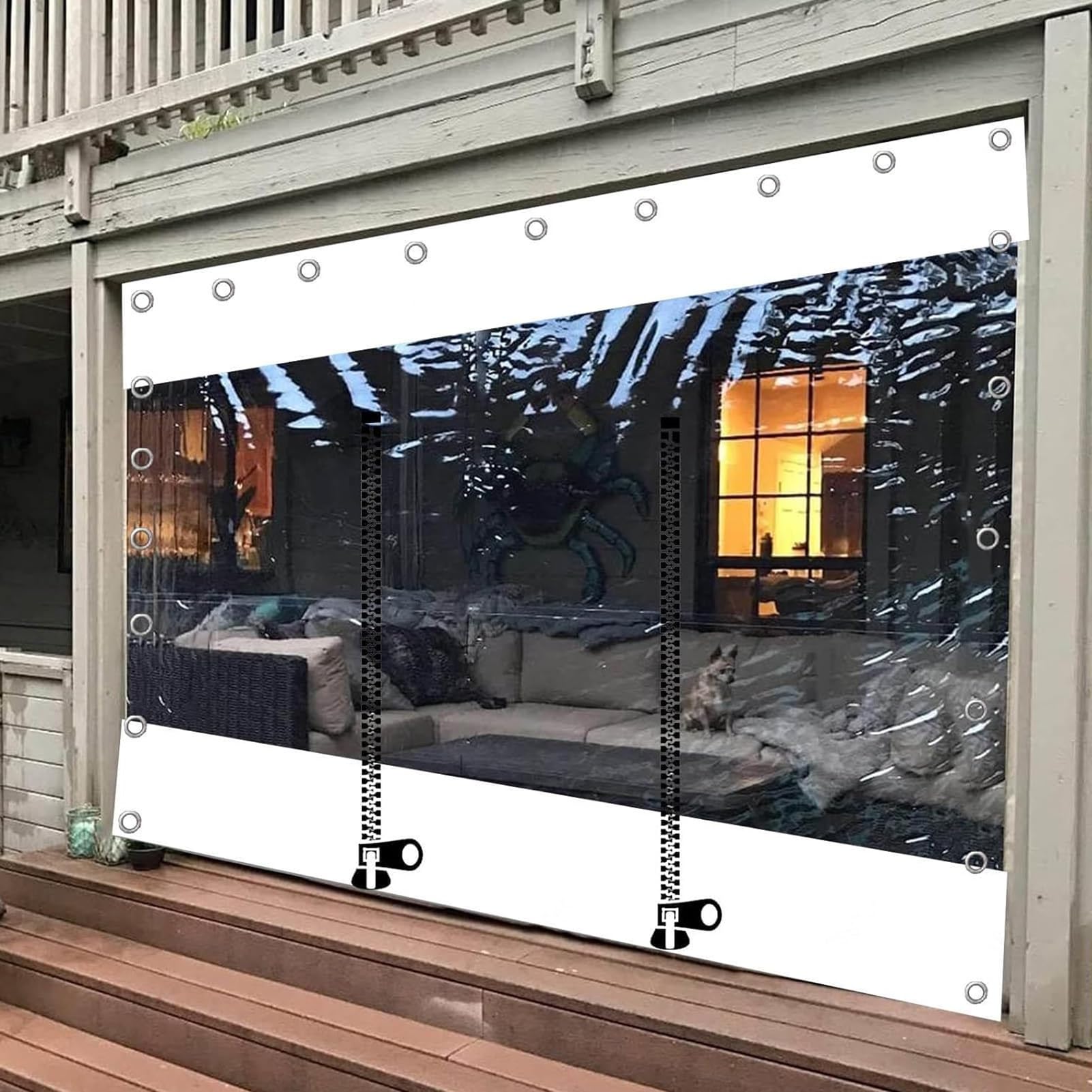 Transparente wasserdichte Planen-Vorhänge für den Außenbereich, Pergola, Pavillon, Veranda, mit Reißverschlusstür und Ösen, transparente Seitenteile, 210 x 220 cm