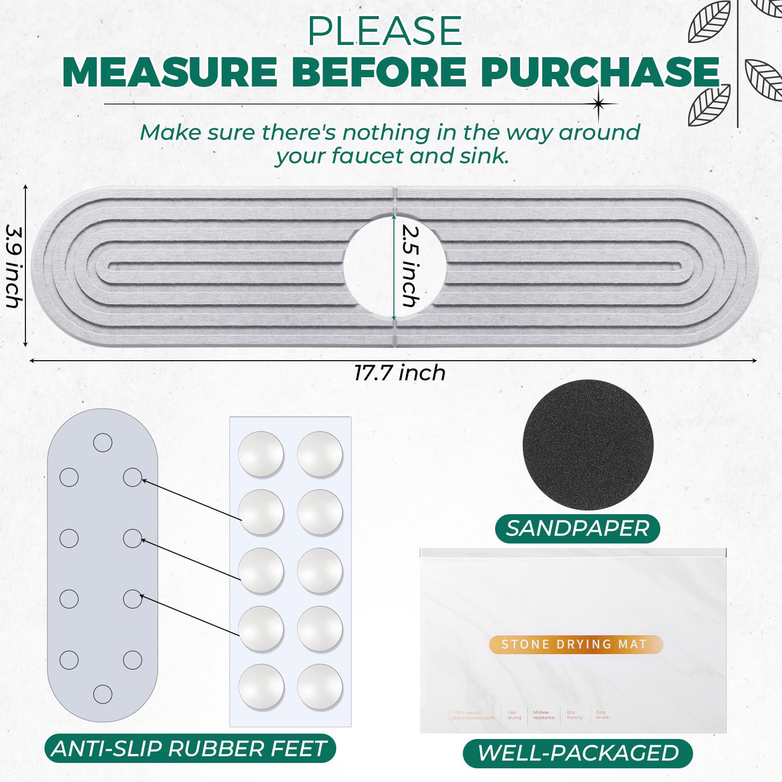 Faucet Mat for Kitchen Sink, BOJDOPIE Diatomaceous Earth Water Absorbing Stone Tray, Kitchen Sink Splash Guard for Kitchen Bathroom Countertop (17.7 x 3.9