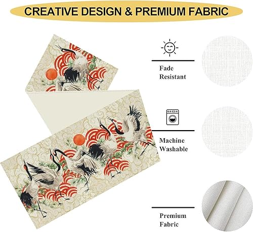 Miniatura 5 de Camino de mesa japonés, retro, tradicional, vintage, grúa, nubes, asiático, oriental, ondas, plantas, naturaleza, camino de mesa para el hogar,