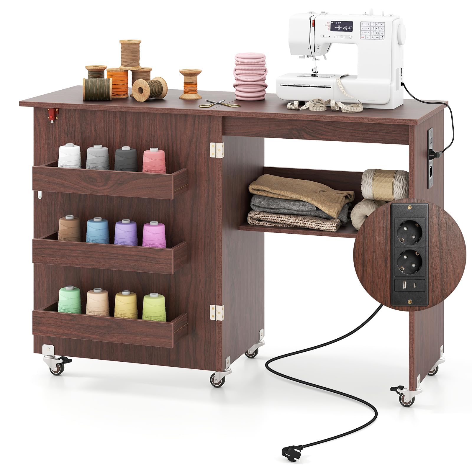 FANTASK Nähmaschinenschrank klappbar mit Ladestation, Nähschrank, Nähtisch aus Holz mit Regalen, 2 in 1 Nähmaschinentisch mit abschließbaren Rädern, Basteltisc für Schlafzimmer & Wohnzimmer (Kaffee)