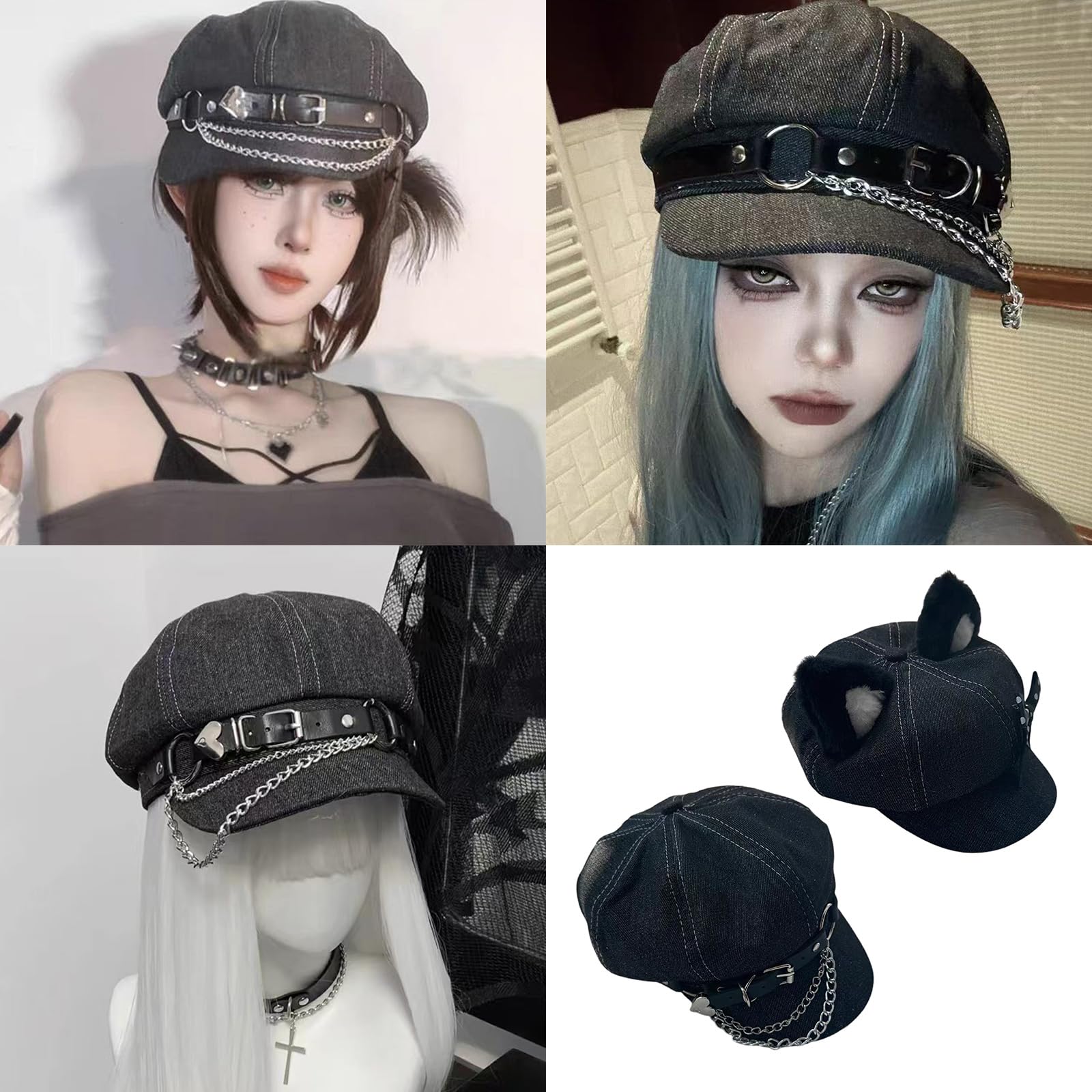 XUZHID Fashion Octagonal Cabbie Hat Chain Belt Hat Newsboys Caps Painters Hat All Matching Punk Hat for Party and Casual