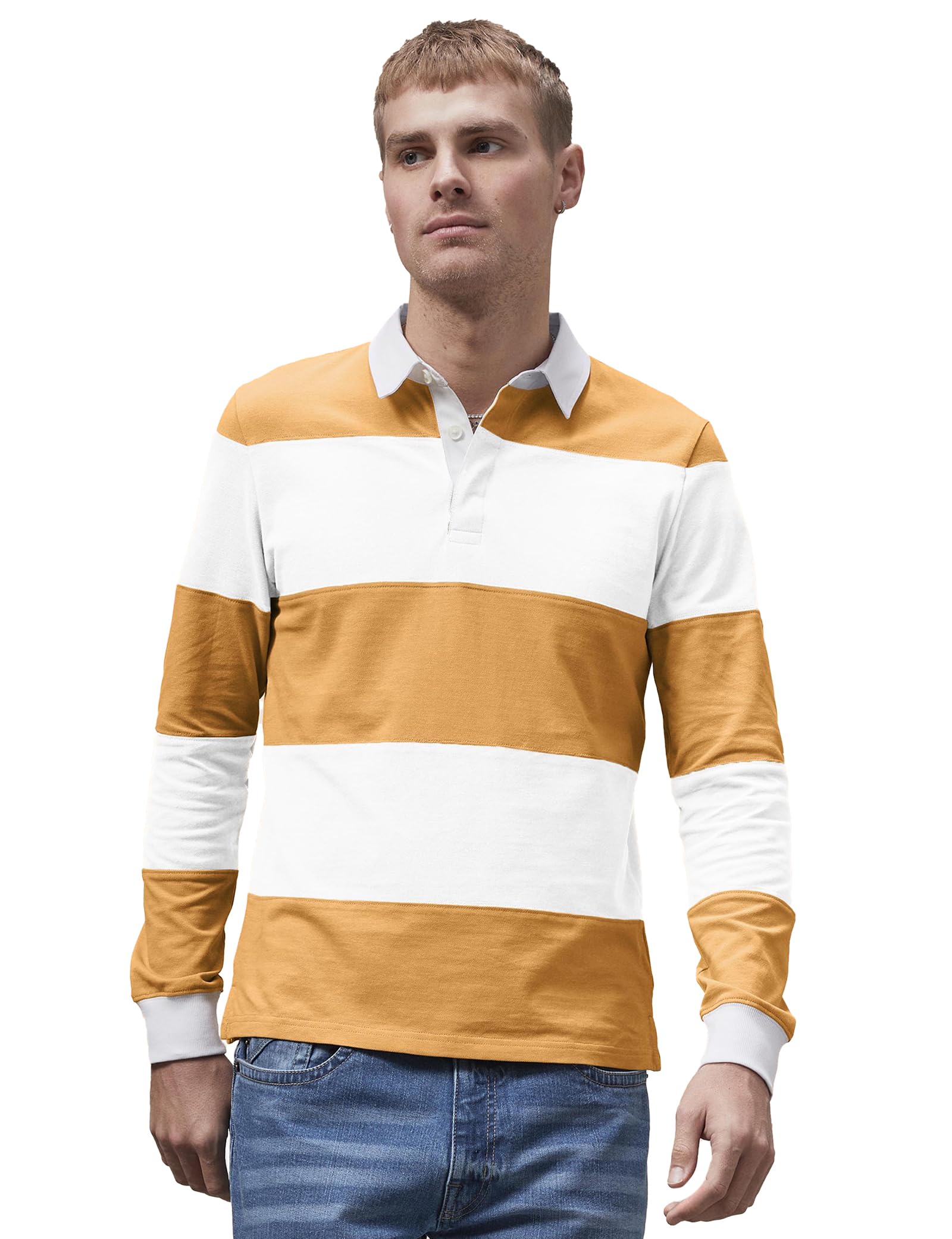 Enorsia Colour Block Woven Collar Polo Shirt with Long Sleeves, Half Placket, Rib Details At Cuff and Woven Collar in Twill Fabric (UK, Alpha, L, Regular, Regular, Yellow)