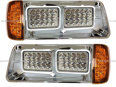 LED Headlight with Amber LED Turn Signal Light and Chrome Bezel with Back Housing Base - Driver and Passenger Side Compatible with Freightliner FLD 1989-2003