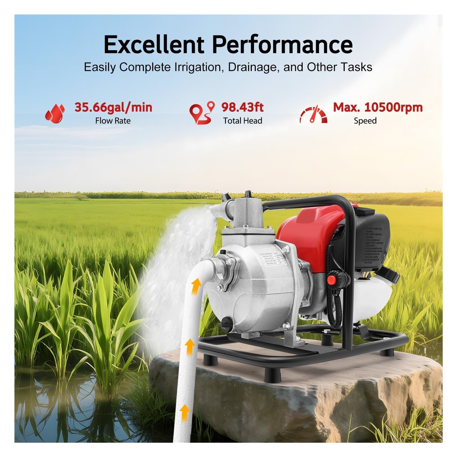 Bomba De Agua con Motor Gasolina 1200 W, 4 Tiempos, 38 CC, 8500 RPM, For Riego Agrícola Rendimiento Potente