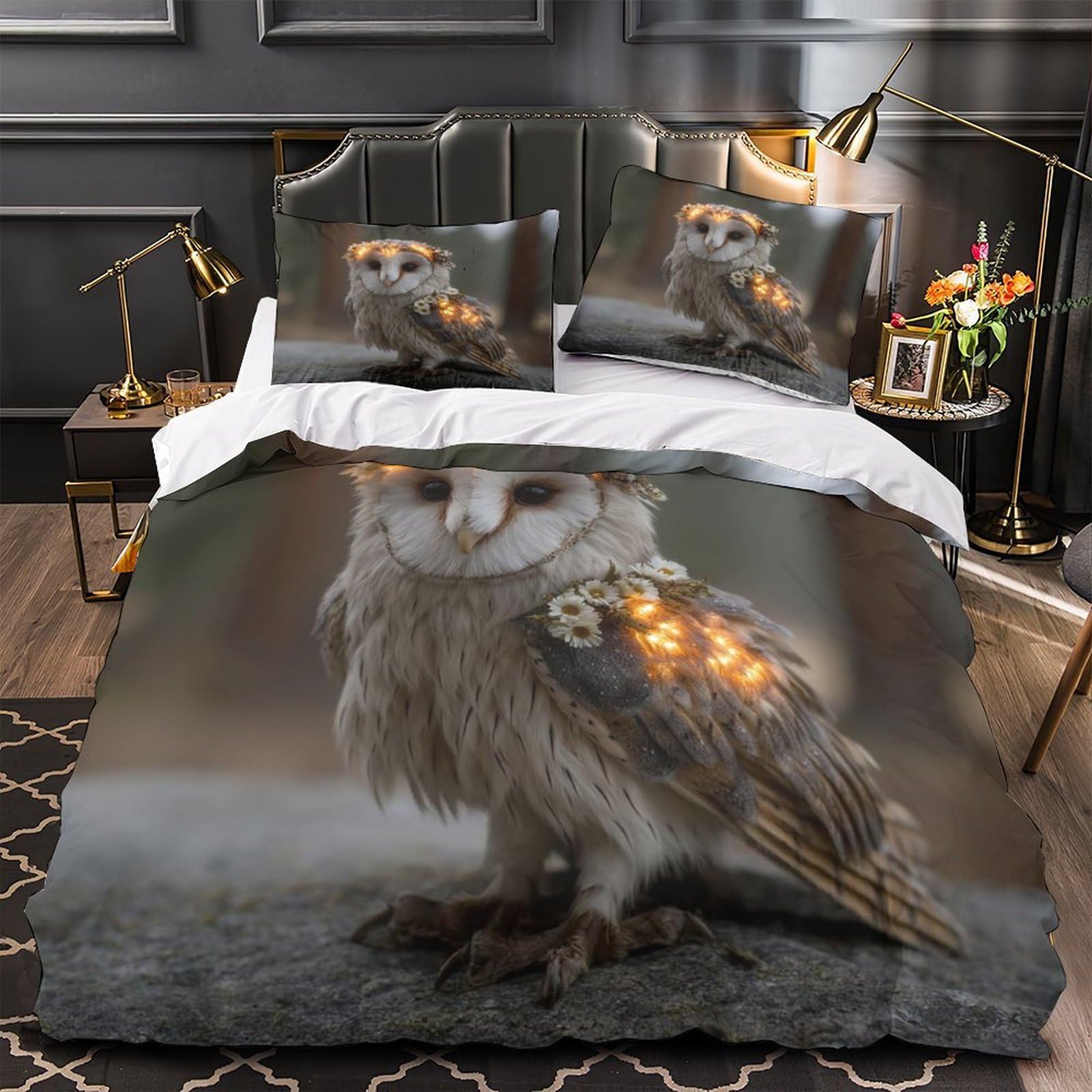 Parure de lit hibou 140x200 cm avec housse de couette microfibre enfant et ado