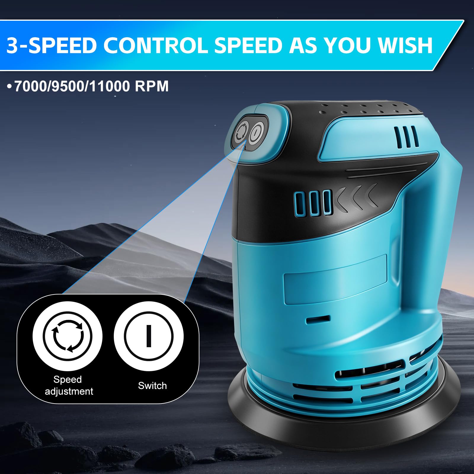 Levigatrice eccentrica per batteria Makita 18V, levigatrice a batteria da 125 mm, 3 velocità con contenitore per la raccolta della polvere e 20 fogli abrasivi (batterie non incluse)